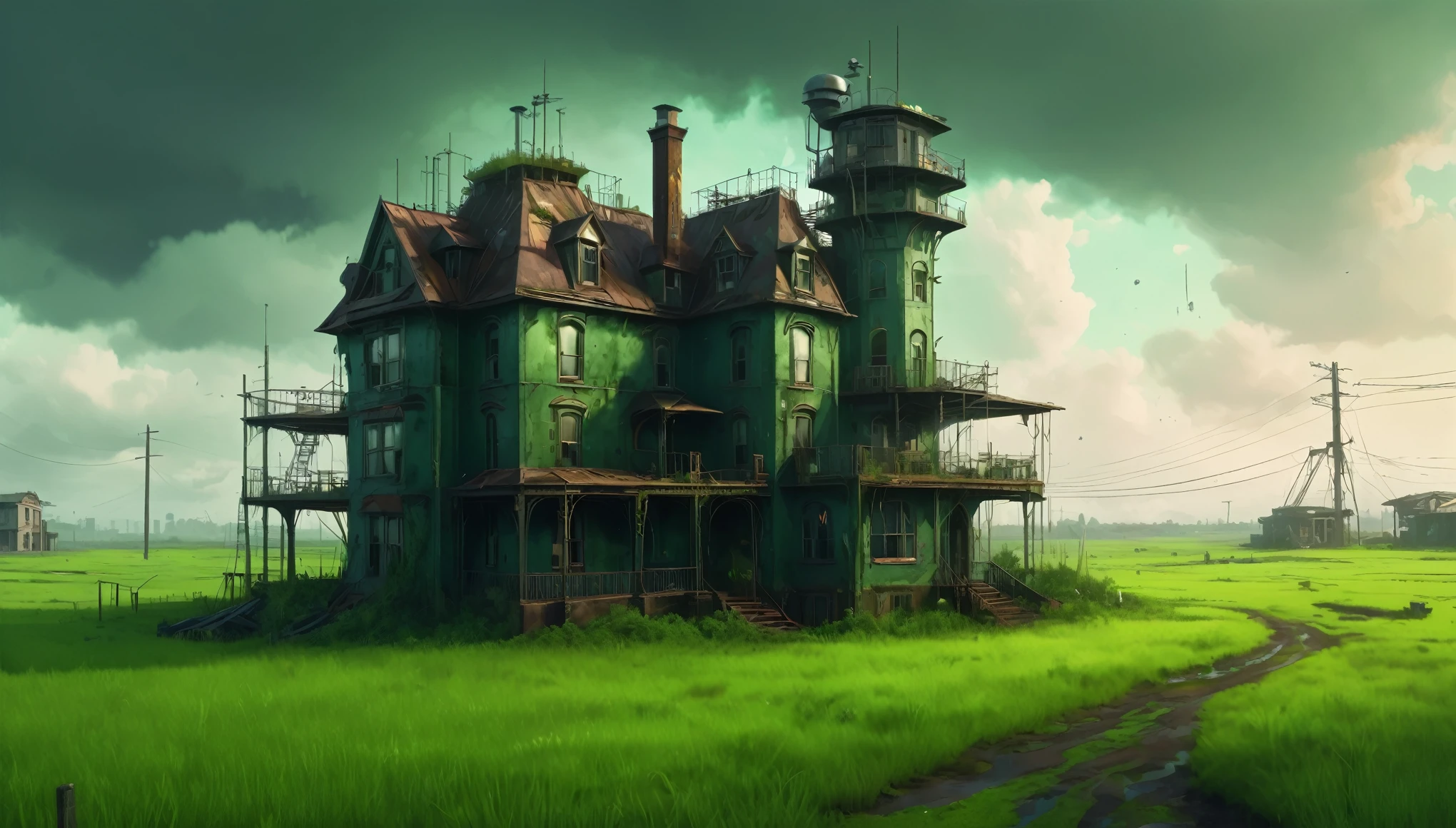 a large house sitting on top of a lush green field, style of esao andrews, neon steampunk, post apocalyptic theme park, houzz, rustic yet enormous scp (secure, weta digital, year 2100, desolated, exterior shot, the metaverse, vadim voitekhovitch, slum