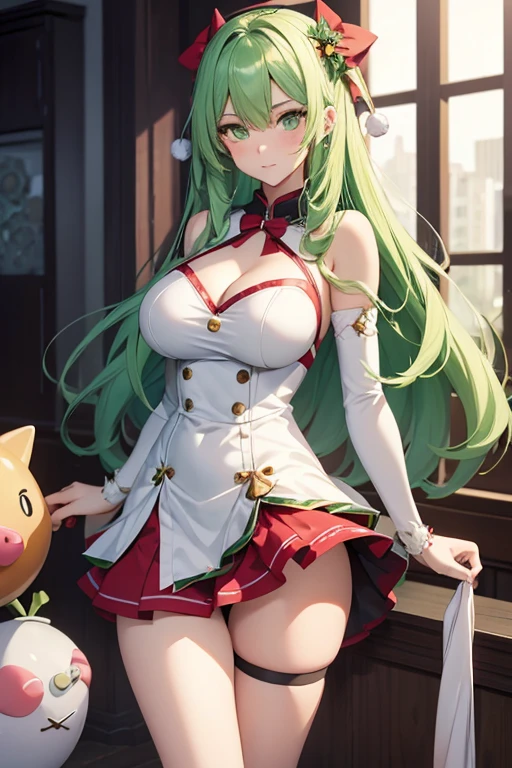 (Girl),(anime),(young),(Pretty),(hot),(white),(height 1.72 cm),(Long green hair and green eyes),(21 years old),(super mature body),(with gigantic breasts measuring 156cm),(big ass),(wearing),+(A sexual Christmas dress showing the shoulders and falling showing the piggy bank in the middle of the breasts, a super short sensual skirt going up to the thighs)