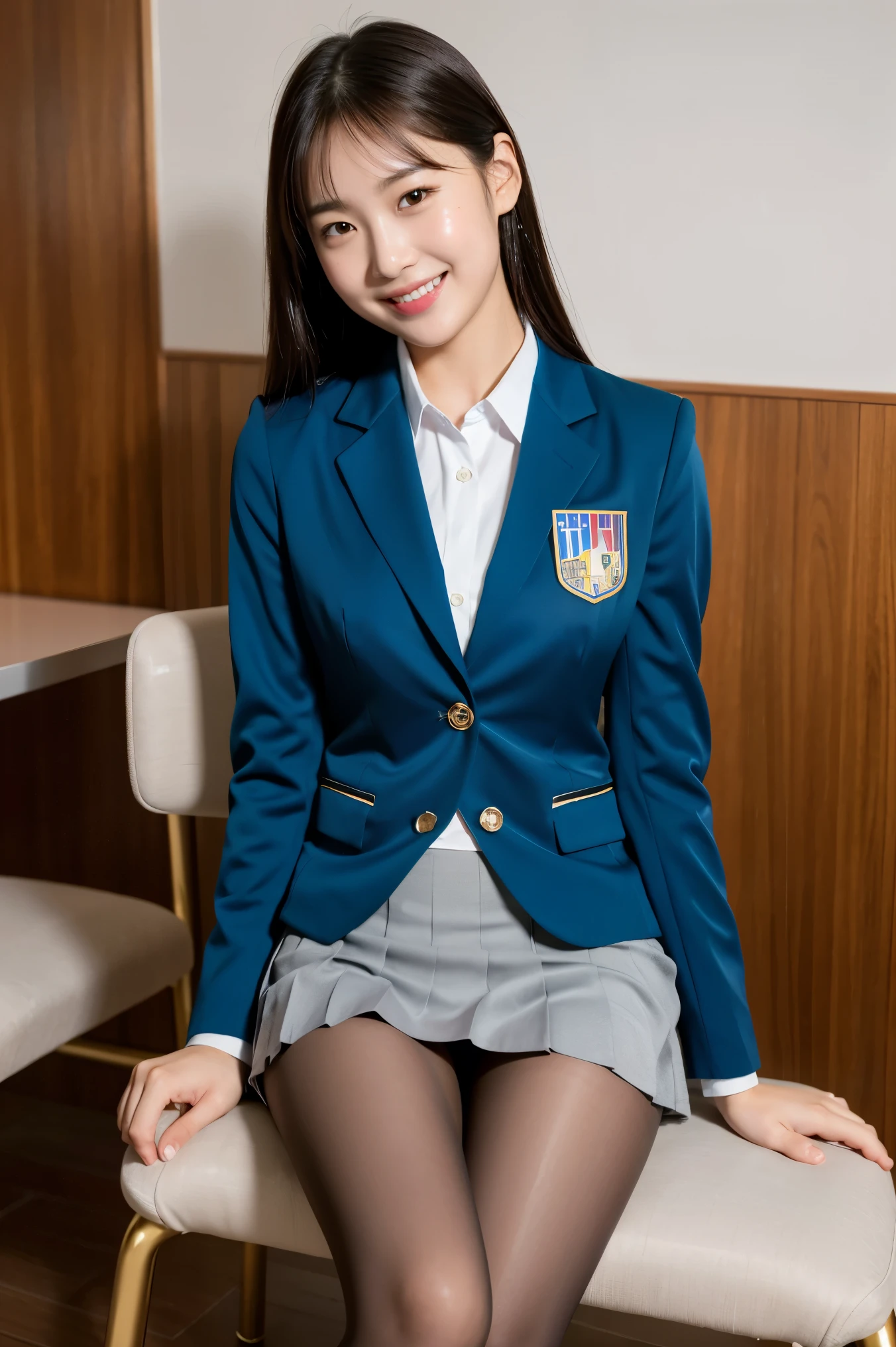 (8k), (highest quality: 1.2), (Realistic), (Realistic: 1.37), Ultra-high resolution, 1 girl, cute, Shiny skin,Blushing,smile, Mouth closed, Beautiful details, Beautiful Nose, whole body, Wet Hair, Giant Dulcefo, pork,Navel exposed,University Student Uniform,A simple blazer,Pleated skirt,Sit on a chair, shiny pantyhose