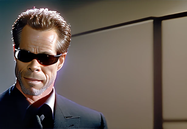 ((best quality)), ((masterpiece)), (detailed) fan art of evil blond man (Guy Pearce) in a pitch black suit emerging from the shadows, blond ((Guy Pearce)) stepping into the light towards the camera, Guy Pearce, the matrix (1999), square sunglasses, night, 80mm, ((western animation)), (Albert Wesker), (short hair), (extreme closeup)