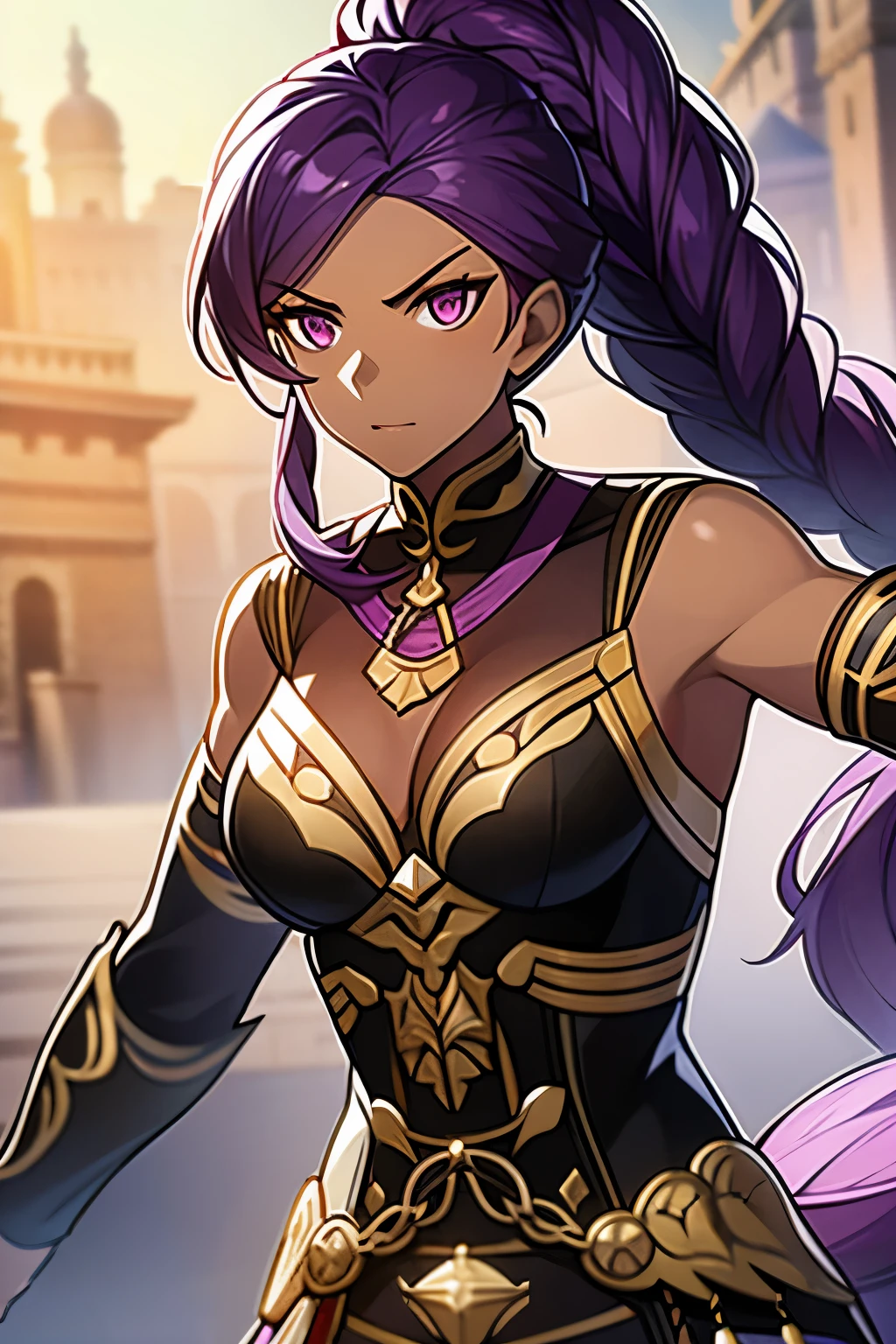 a woman with purple hair in a braided ponytail, dark tan skin with a confident expression, a tribal appearance, standing in a dynamic action pose with a sword, the background is a monastery with stone walls, bright and vivid lighting, clear face details, looking at the viewer, a stern expression, conservative dress, white uniform with the collar buttoned up, black corset with gold details and trim.