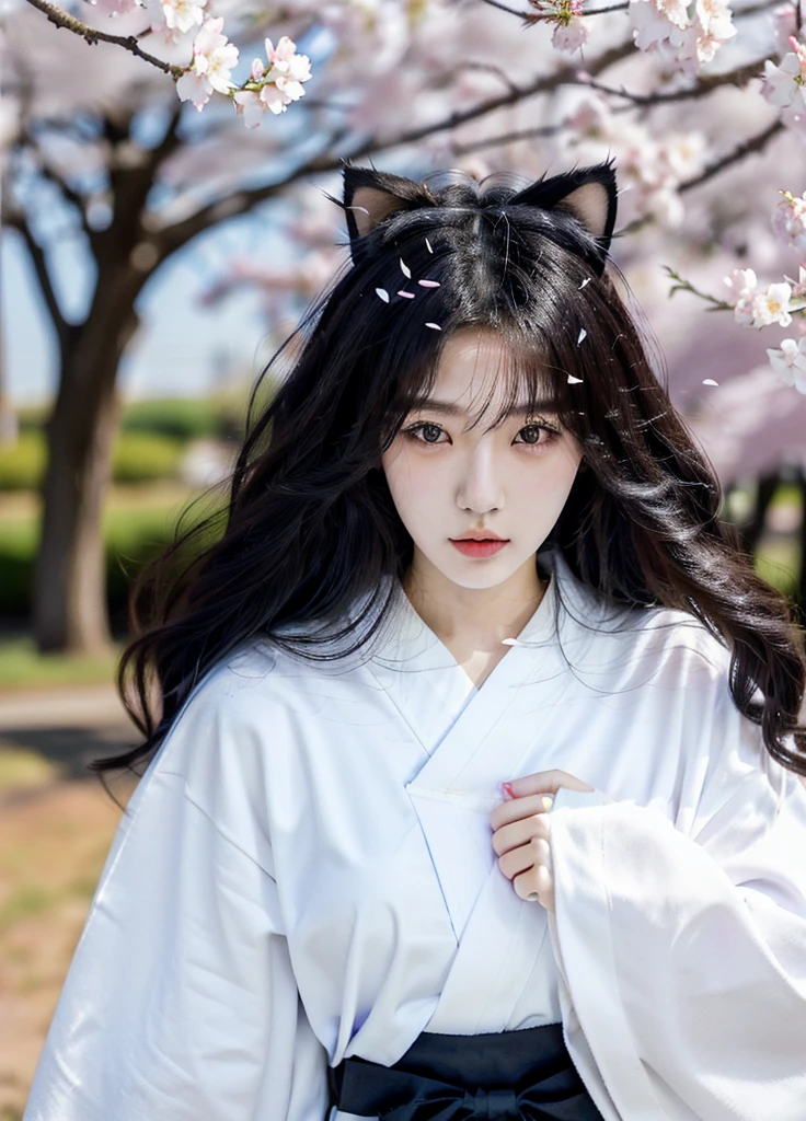 cat girl, Korean girl, 19 years old, beautiful girl, cat ears, long hair, black hair, white kimono, Blue Hakama, The wind is blowing, cherry blossom petals falling
