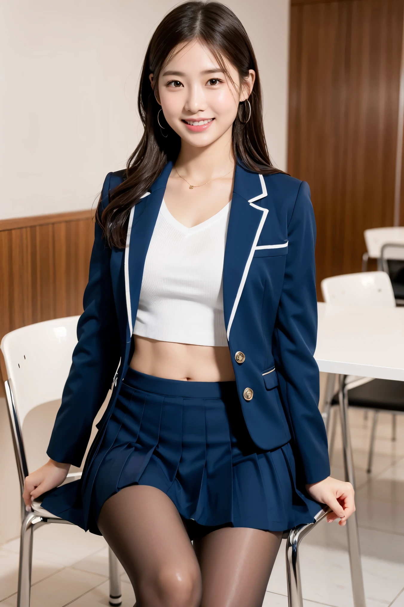 (8k), (highest quality: 1.2), (Realistic), (Realistic: 1.37), Ultra-high resolution, 1 girl, cute, Shiny skin,Blushing,smile, Mouth closed, Beautiful details, Beautiful Nose, whole body, Wet Hair, Giant Dulcefo, pork,Navel exposed,University Student Uniform,A simple blazer,Pleated skirt,Sit on a chair, shiny pantyhose 