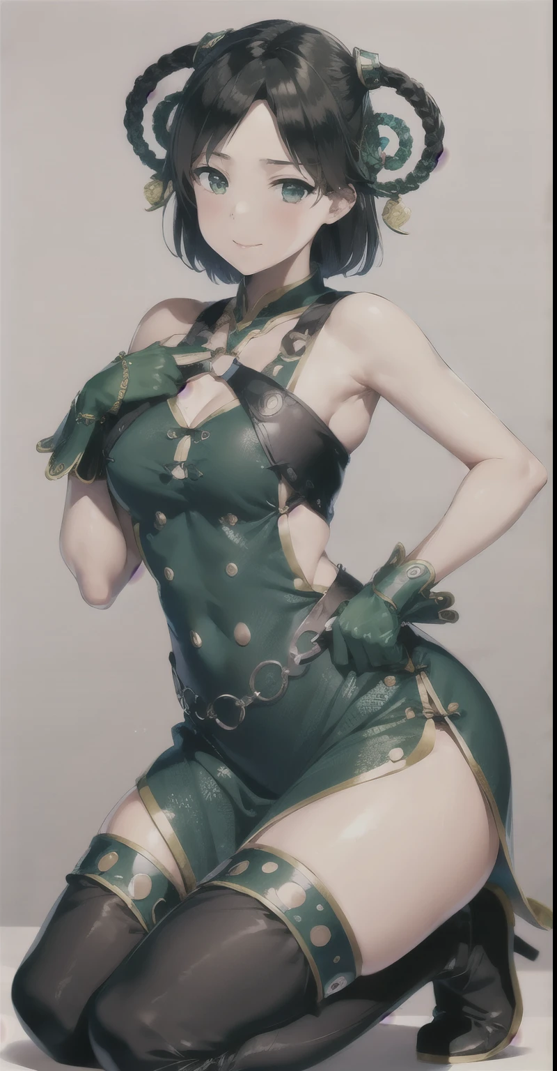 (Highly detailed CG), (highest quality), Dear Mele、mini skirt、Crouching with legs apart、White pantiesが見える程脚を開く、Perfect Face, Shiny skin, Shiny skin,Wide Hips,A girl with a small waist,mini skirt、White panties、solo meregeki,Multicolored Hair, Thighs,twin Braidings,Side slits,black Thighs,Bracelet, Iris,Cleavage,thigh boots, green ミニdress, green gloves, hair ornaments,short hair, boots, china dress, Exposing shoulders, Hair Ring, Braiding,Thighs,Chinese clothing, gloves, dress, Black Hair, anger, Combat Stance, , Clenched hands,