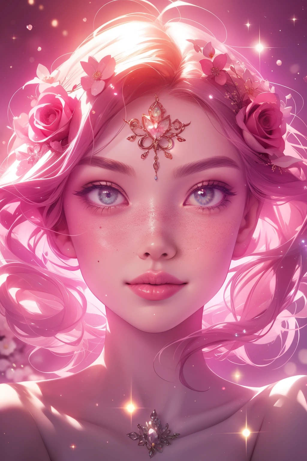 (This is a beautiful, intricate, (romatic) fantasy image that emphasizes beauty and grace.) Generate a blind curvy woman with soft natural freckles. Her face is important and should be (perfectly formed) with (beautiful puffy lips) and (perfect features). There is a cute freckle birthmark on her lip. The image exudes ethereal beauty and soft fantasy, with shimmering shades of pink throughout. Surround her with eternal roses in shimmering shades. Ensure perfection in her face, hair, and eyes. Include sweet and detailed birds and soft, luminous flowers and detailed roses. Utilize dynamic composition and dramatic lighting and cinematic lighting to create an interesting fantasy image. The background of the image is interesting and ultra-detailed, with soft fantasy lighting and gradients. Include fantasy details, cute aura, colorful, colourful, and interesting magical background. The image's background is decorated in shades of pink, shimmer, glitter, and fantasy details like colored bubbles and cosmos. Include subtle freckles, natural freckles and a diffused realistic skin tone. Incorporate elements of high fantasy, whimsy, and detailed elegance. English rose, princess, courtesan, noblewoman, sweet, lovely, calm, lovely, shimmering, glimmering, glittering, astrological fantasy, (((masterpiece))), (highest quality), magic rose, fantasy garden, beautiful face, perfect face, puffy lips, interesting, shy smile, fantasy elements, magic rose, beautiful eyes, perfect puffy lips, jewel tones, luminosity. Taken with a canon camera.