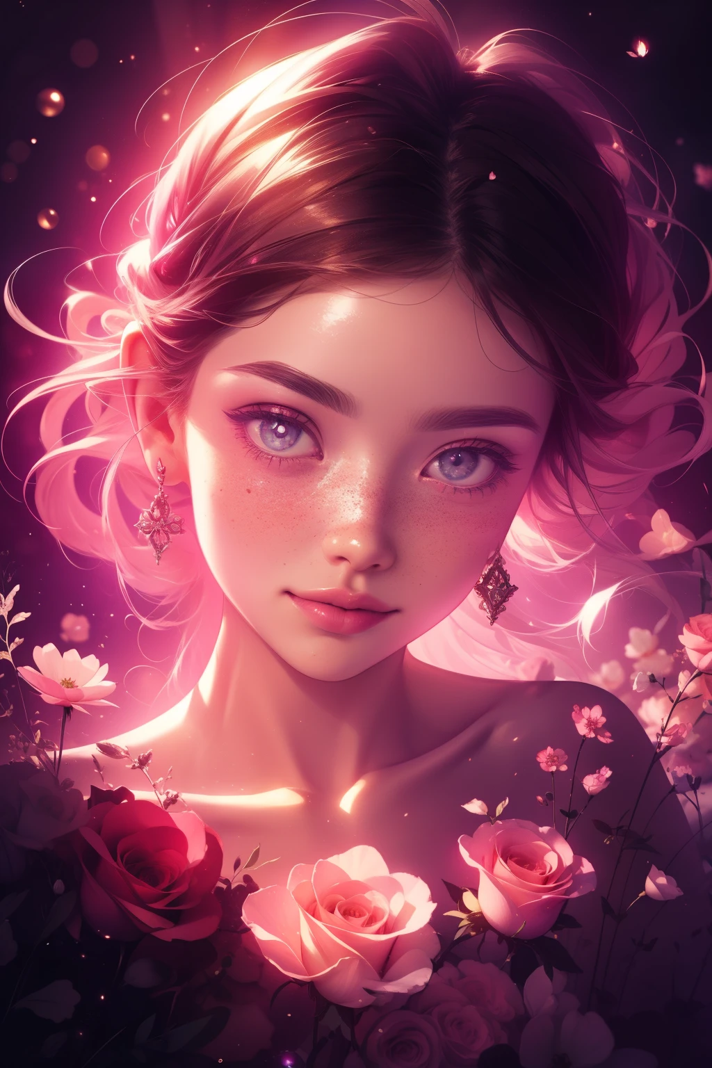 (This is a beautiful, intricate, (romatic) fantasy image that emphasizes beauty and grace.) Generate a blind curvy woman with soft natural freckles. Her face is important and should be (perfectly formed) with (beautiful puffy lips) and (perfect features). There is a cute freckle birthmark on her lip. The image exudes ethereal beauty and soft fantasy, with shimmering shades of pink throughout. Surround her with eternal roses in shimmering shades. Ensure perfection in her face, hair, and eyes. Include sweet and detailed birds and soft, luminous flowers and detailed roses. Utilize dynamic composition and dramatic lighting and cinematic lighting to create an interesting fantasy image. The background of the image is interesting and ultra-detailed, with soft fantasy lighting and gradients. Include fantasy details, cute aura, colorful, colourful, and interesting magical background. The image's background is decorated in shades of pink, shimmer, glitter, and fantasy details like colored bubbles and cosmos. Include subtle freckles, natural freckles and a diffused realistic skin tone. Incorporate elements of high fantasy, whimsy, and detailed elegance. English rose, princess, courtesan, noblewoman, sweet, lovely, calm, lovely, shimmering, glimmering, glittering, astrological fantasy, (((masterpiece))), (highest quality), magic rose, fantasy garden, beautiful face, perfect face, puffy lips, interesting, shy smile, fantasy elements, magic rose, beautiful eyes, perfect puffy lips, jewel tones, luminosity. Taken with a canon camera.