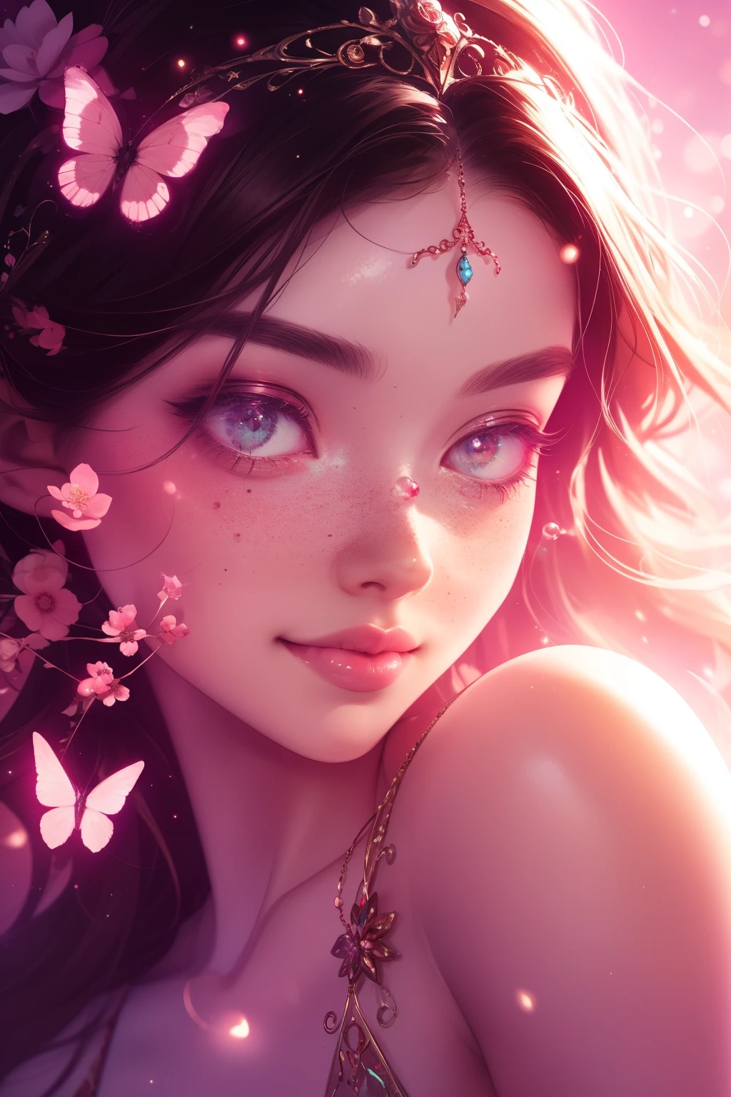 (This is a beautiful, intricate, (romatic) fantasy image that emphasizes beauty and grace.) Generate a blind curvy woman with soft natural freckles. Her face is important and should be (perfectly formed) with (beautiful puffy lips) and (perfect features). There is a cute freckle birthmark on her lip. The image exudes ethereal beauty and soft fantasy, with shimmering shades of pink throughout. Surround her with eternal roses in shimmering shades. Ensure perfection in her face, hair, and eyes. Include sweet and detailed birds and soft, luminous flowers and detailed roses. Utilize dynamic composition and dramatic lighting and cinematic lighting to create an interesting fantasy image. The background of the image is interesting and ultra-detailed, with soft fantasy lighting and gradients. Include fantasy details, cute aura, colorful, colourful, and interesting magical background. The image's background is decorated in shades of pink, shimmer, glitter, and fantasy details like colored bubbles and cosmos. Include subtle freckles, natural freckles and a diffused realistic skin tone. Incorporate elements of high fantasy, whimsy, and detailed elegance. English rose, princess, courtesan, noblewoman, sweet, lovely, calm, lovely, shimmering, glimmering, glittering, astrological fantasy, (((masterpiece))), (highest quality), magic rose, fantasy garden, beautiful face, perfect face, puffy lips, interesting, shy smile, fantasy elements, magic rose, beautiful eyes, perfect puffy lips, jewel tones, luminosity. Taken with a canon camera.