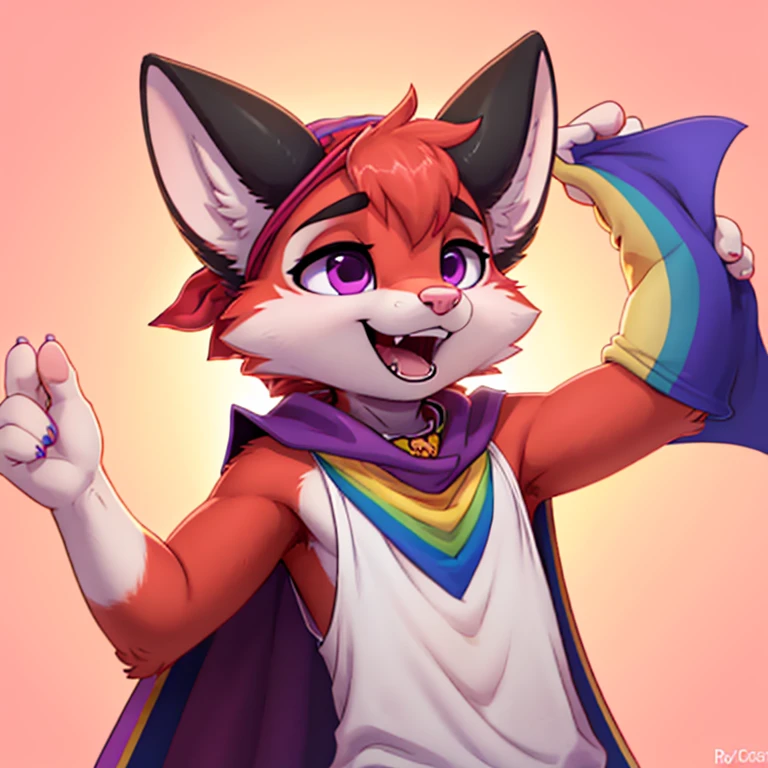 Anthropomorphic adult male crimson fox with pink nose, purple eyes, black sholders, horns, black ears and femenine look, is holding a lgbtq flag with his right arm, focus on face, open mouth, eyes closed, very happy, solo, digital art, pastel color background, front view, hands lifted up, cutecore, wearing light colored shirt and a bandana, half body view, icon pfp, with a large lgbtq cape around his shoulders, seen from the front, focus in face
