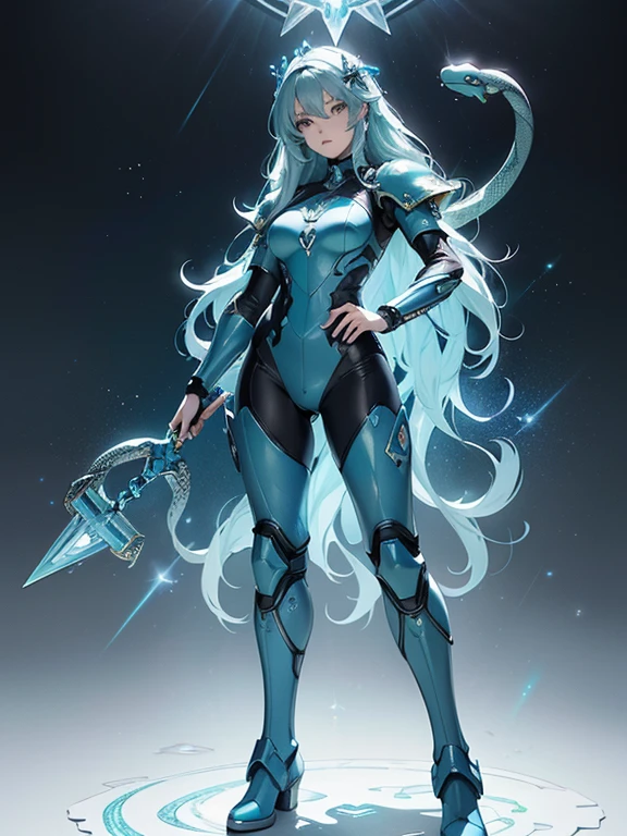 Masterpiece, best quality, ultra-detailed, anime style, full body of space marine primarch girl, azure blue and green power armor, held Trident, giant, supernatural Water and prism shard, ((Decoration in the form of snake scales)), war hammer 40K, 8k high resolution, trending art station, white background, whole body, standing on creak.