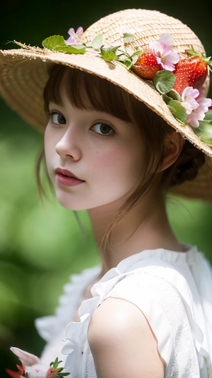 Highest quality, 8k, detailed, High resolution, beautiful, Delicate, Highest quality, Ultra-realistic, High resolution, detailed, Highest detail, The color is not faded, Vivid colors, Strawberry Body Rabbit head Ears sticking out from the strawberry hat:2.0,Mysterious creatures,