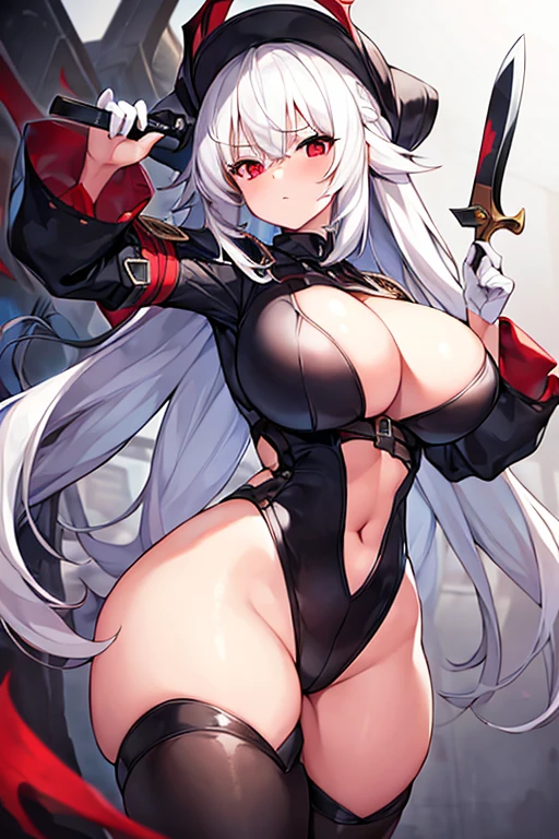 1girl, white hair, large breastsz thick thighs, leotard, knife, red eyes, black leotard,