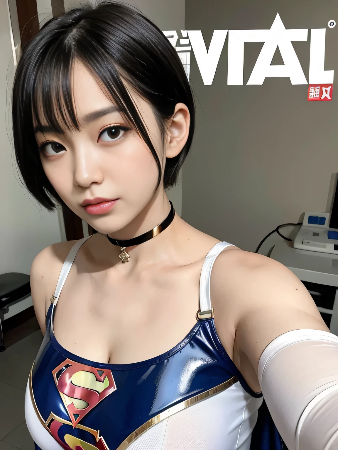masterpiece、Enamel Supergirl Costume、Short Hair、Hospital operating table、Crisis situation、Big and ample breasts、looking at the camera、Shiny、Off the shoulder、choker、Long sleeve、exy poses to seduce、Sweaty、Model Body Type、Alluring、charm、Enchanting、Abused、test subject、victim、Wild、Photorealistic、latex、Weekly magazine cover style、Selfie、