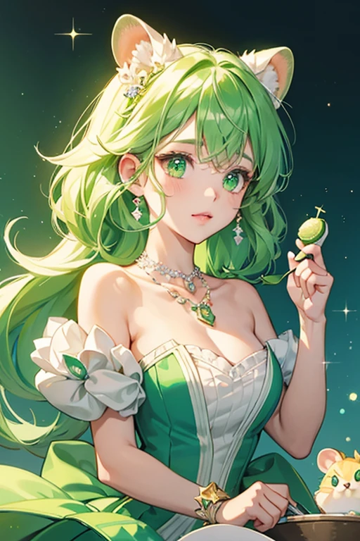 ((worst quality, low-quality)), ((banya, Cow Kenomimi girl)), Solo, (wedding dress), (((Longhaire, poneyTail, Green hair,):1.3)), (Big breasts), Hair over one eye, plump shiny lips, Beautiful clear eyes, Spoken Heart, Leaning forward, (Dynamic Pose:1.2), (((Beautiful colorful flowers, 1 large bouquet,Hold it with both hands:1.2))), Confetti, (Moon and majestic castle background), ((Shining moonlight)), (opal), (light Particle, light glow, llight rays:1.4), masutepiece,Best Quality,ultra-detailliert,