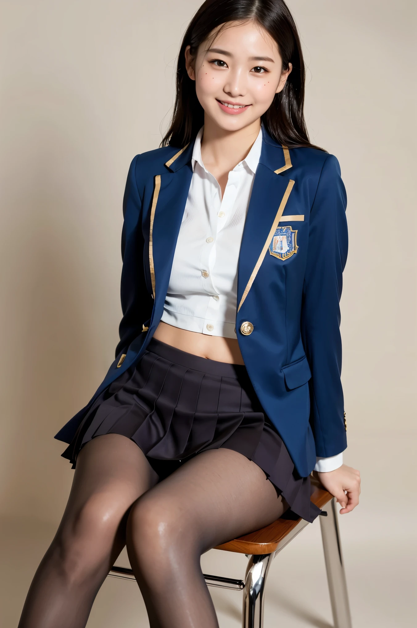 (8k), (highest quality: 1.2), (Realistic), (Realistic: 1.37), Ultra-high resolution, 1 girl, cute, Shiny skin,Blushing,smile, Mouth closed, Beautiful details, Beautiful Nose, whole body, Wet Hair, Giant Dulcefo, pork,Navel exposed,University Student Uniform,A simple blazer,Pleated skirt,Sit on a chair, shiny pantyhose