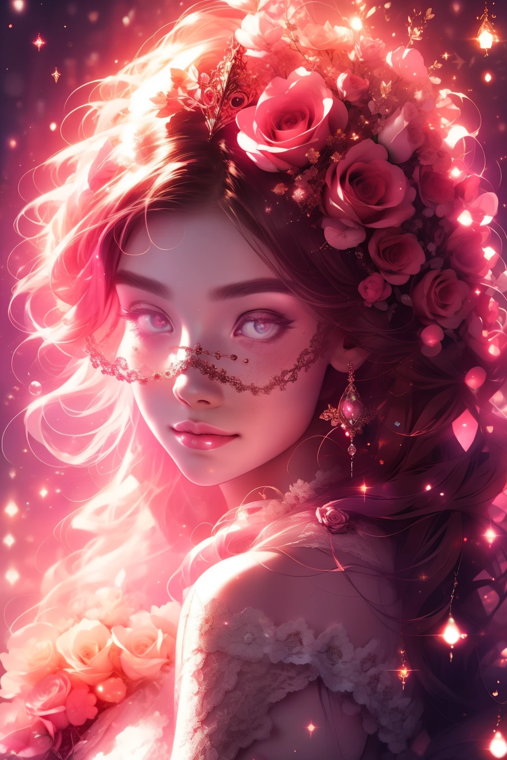 (This is a beautiful, intricate, (romatic) fantasy image that emphasizes beauty and grace.) Generate a blind curvy woman with soft natural freckles. Her face is important and should be (perfectly formed) with (beautiful puffy lips) and (perfect features). There is a cute freckle birthmark on her lip. The image exudes ethereal beauty and soft fantasy, with shimmering shades of pink throughout. Surround her with eternal roses in shimmering shades. Ensure perfection in her face, hair, and eyes. Include sweet and detailed birds and soft, luminous flowers and detailed roses. Utilize dynamic composition and dramatic lighting and cinematic lighting to create an interesting fantasy image. The background of the image is interesting and ultra-detailed, with soft fantasy lighting and gradients. Include fantasy details, cute aura, colorful, colourful, and interesting magical background. The image's background is decorated in shades of pink, shimmer, glitter, and fantasy details like colored bubbles and cosmos. Include subtle freckles, natural freckles and a diffused realistic skin tone. Incorporate elements of high fantasy, whimsy, and detailed elegance. English rose, princess, courtesan, noblewoman, sweet, lovely, calm, lovely, shimmering, glimmering, glittering, astrological fantasy, (((masterpiece))), (highest quality), magic rose, fantasy garden, beautiful face, perfect face, puffy lips, interesting, shy smile, fantasy elements, magic rose, beautiful eyes, perfect puffy lips, jewel tones, luminosity. Taken with a canon camera.