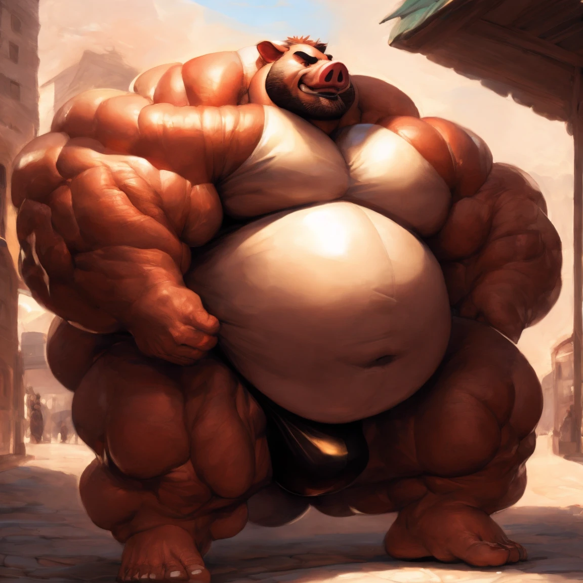 ((Masterpiece)),((Hight quality)),((Hught Detailed)),((Realistic,)) Anime Artistic masterpiece art, Obese muscle pig (massive obese, strong legs and arms, hairy, incredibly big looking) Long shot photo, Real life, pig (Massive, broad shoulders, strong legs and arms, hairy) Obese muscle citizen (massive obese, strong legs and arms, hairy, incredibly big looking), Anatomy of character, Obese sumo wrestler Pig in underwear, He is a very Obese and very muscular Sumo wrestler, Extreme Bloated and he is a juice seller on the streets, He is a seller of protein shakes to make their bodies grow and become very big, strong and fat just like him.