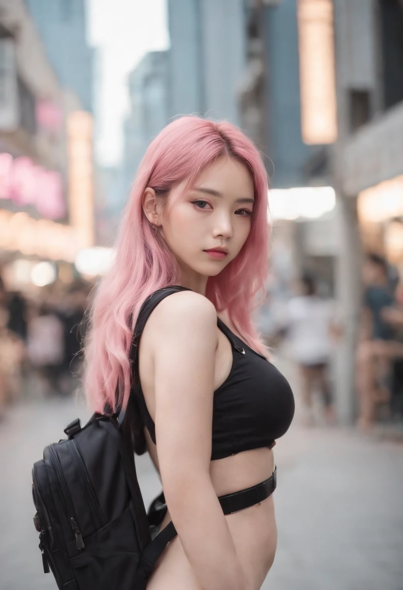pinkの髪(nude :1.3),Showing nipples, Anime girl pinkの髪の with backpack, She wears streetwear, pinkの髪の, portrait of ブラックpinkのジョシ, Ulzzang, ((pink)), ブラックpinkのジョシ, ブラックpinkのラリサ・マノバン, Wearing cyberpunk streetwear, Japanese Streetwear, I have long hair。, Real life anime girls, Casual pose, pink girl