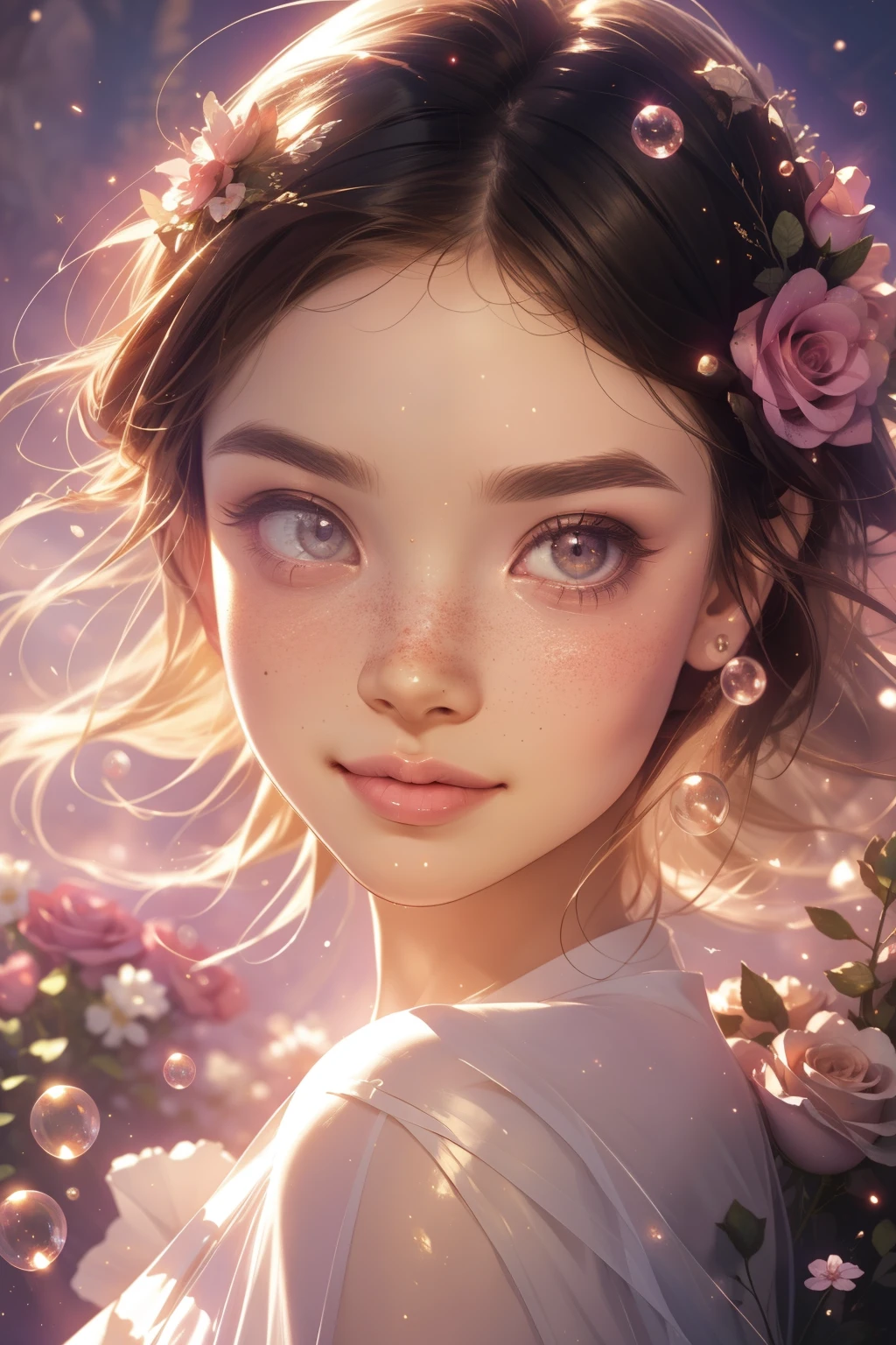 (This is a beautiful, intricate, (romatic) fantasy image that emphasizes beauty and grace.) Generate a blind curvy woman with soft natural freckles. Her face is important and should be (perfectly formed) with (beautiful puffy lips) and (perfect features). There is a cute freckle birthmark on her lip. The image exudes ethereal beauty and soft fantasy, with shimmering shades of pink throughout. Surround her with eternal roses in shimmering shades. Ensure perfection in her face, hair, and eyes. Include sweet and detailed birds and soft, luminous flowers and detailed roses. Utilize dynamic composition and dramatic lighting and cinematic lighting to create an interesting fantasy image. The background of the image is interesting and ultra-detailed, with soft fantasy lighting and gradients. Include fantasy details, cute aura, colorful, colourful, and interesting magical background. The image's background is decorated in shades of pink, shimmer, glitter, and fantasy details like colored bubbles and cosmos. Include subtle freckles, natural freckles and a diffused realistic skin tone. Incorporate elements of high fantasy, whimsy, and detailed elegance. English rose, princess, courtesan, noblewoman, sweet, lovely, calm, lovely, shimmering, glimmering, glittering, astrological fantasy, (((masterpiece))), (highest quality), magic rose, fantasy garden, beautiful face, perfect face, puffy lips, interesting, shy smile, fantasy elements, magic rose, beautiful eyes, perfect puffy lips, jewel tones, luminosity. Taken with a canon camera.