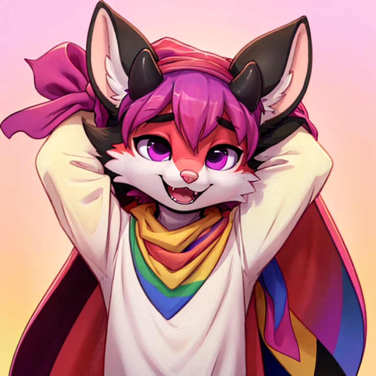 Anthropomorphic adult male crimson fox with pink nose, purple eyes, black sholders, horns, black ears and femenine look, is holding a lgbtq flag with his right arm, focus on face, open mouth, eyes closed, very happy, solo, digital art, pastel color background, front view, hands lifted up, cutecore, wearing light colored shirt and a bandana, half body view, icon pfp, with a large lgbtq cape around his shoulders, seen from the front, focus in face
