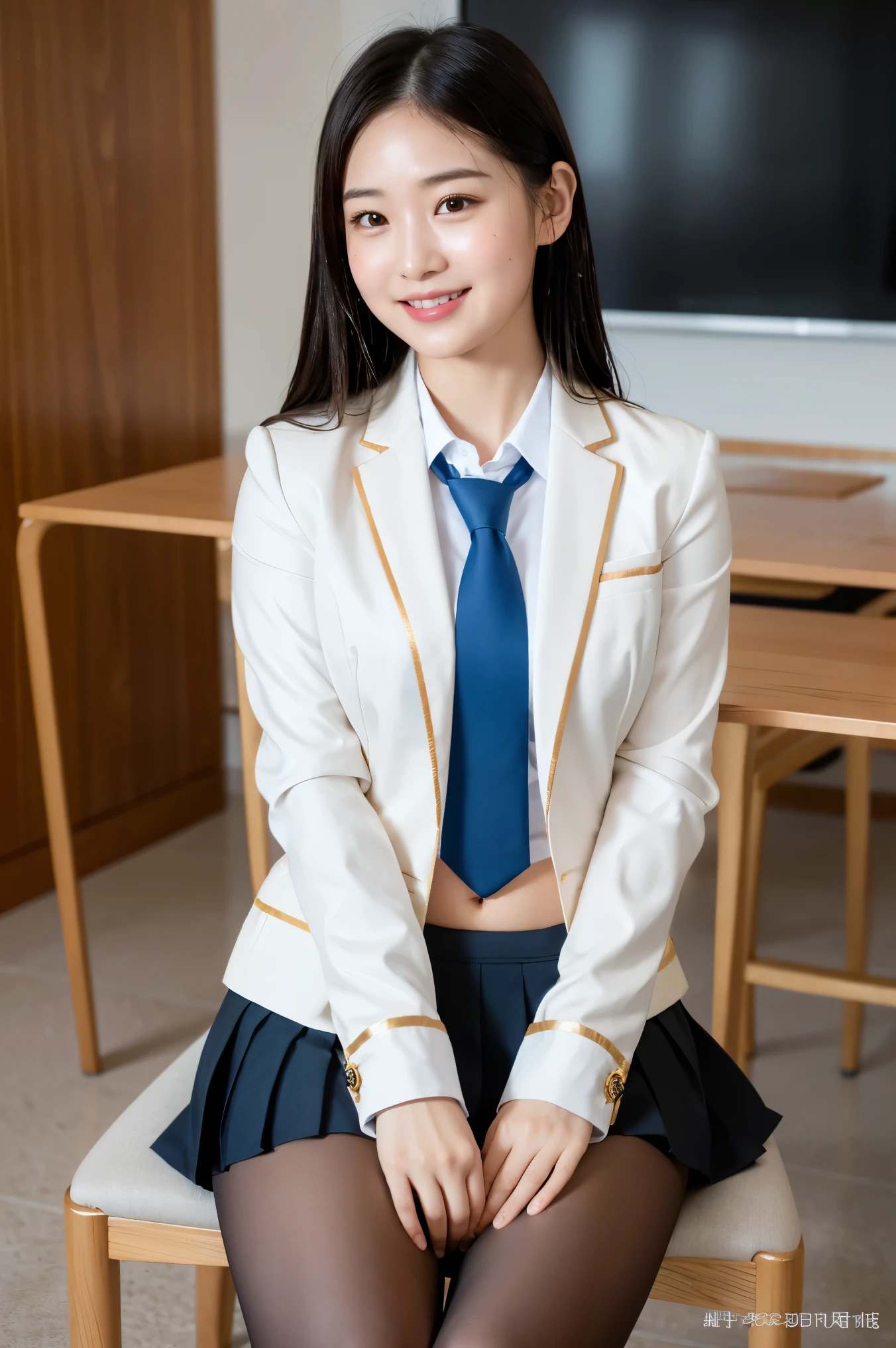 (8k), (highest quality: 1.2), (Realistic), (Realistic: 1.37), Ultra-high resolution, 1 girl, cute, Shiny skin,Blushing,smile, Mouth closed, Beautiful details, Beautiful Nose, whole body, Wet Hair, Giant Dulcefo, pork,Navel exposed,University Student Uniform,A simple blazer,Pleated skirt,Sit on a chair, shiny pantyhose