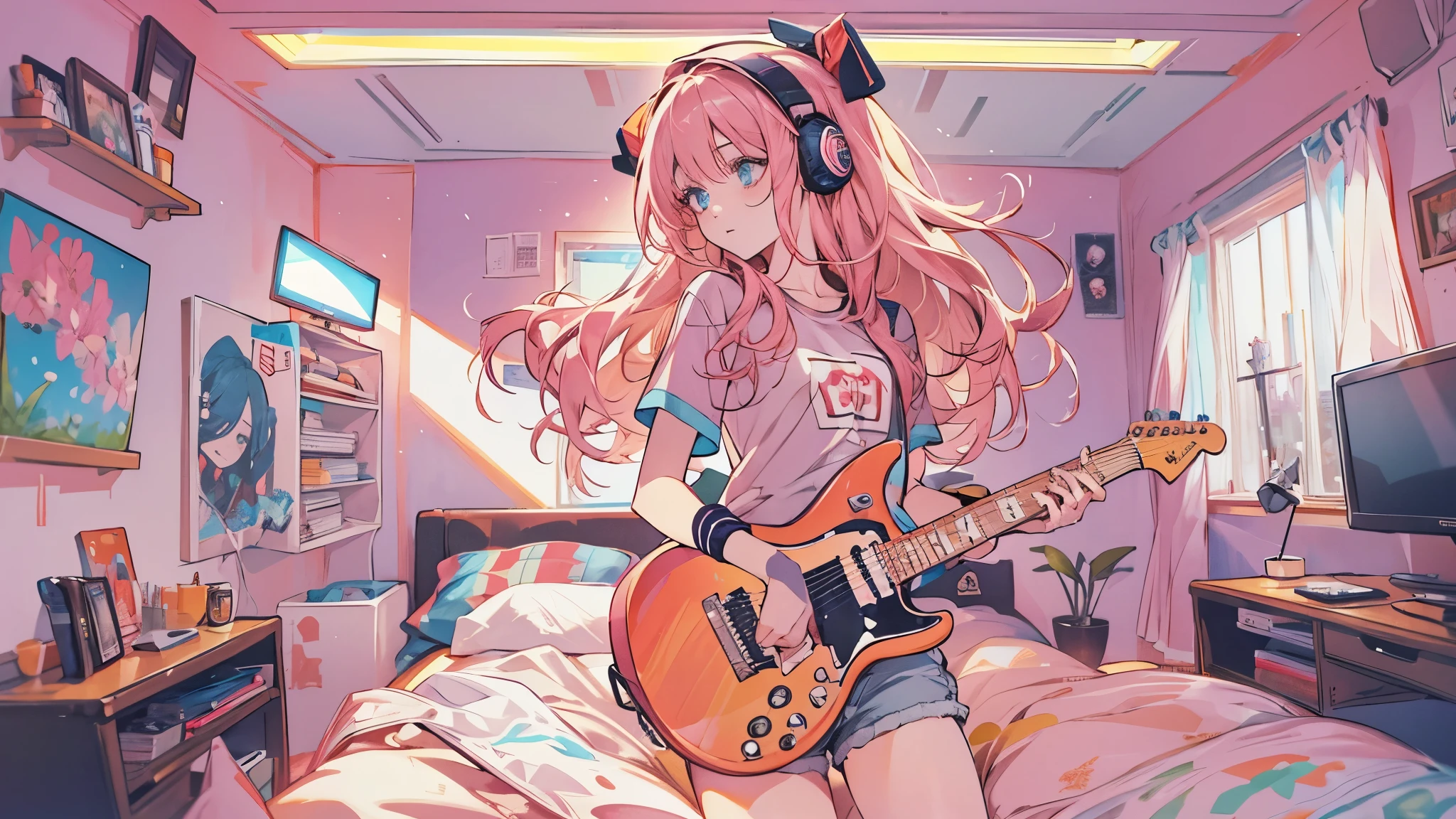 high resolution、One Girl、Wearing headphones、Logo T-shirt and hot pants、Inside a minimalist room、Fabric sofa、Fender Guitars、Vibrant colors、Vivid Color、Warm shades、Full body images、Pink long hair、