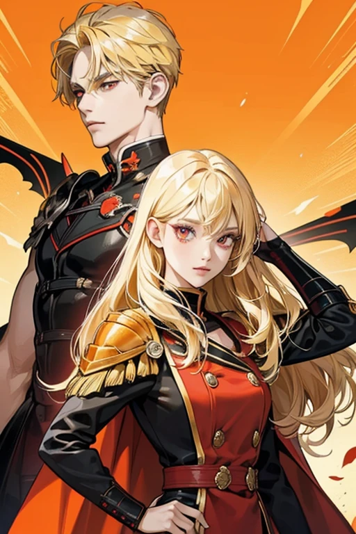 blonde hair and red eyes.
SHe wears an orange and black noble uniform, with a black cape and shoulder pads shaped like turtle shells. SPARKLE; GLITTER