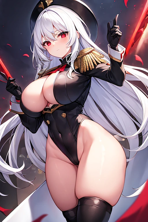 1girl, white hair, large breasts, thick thighs, leotard, knife, red eyes, black leotard, epaulettes