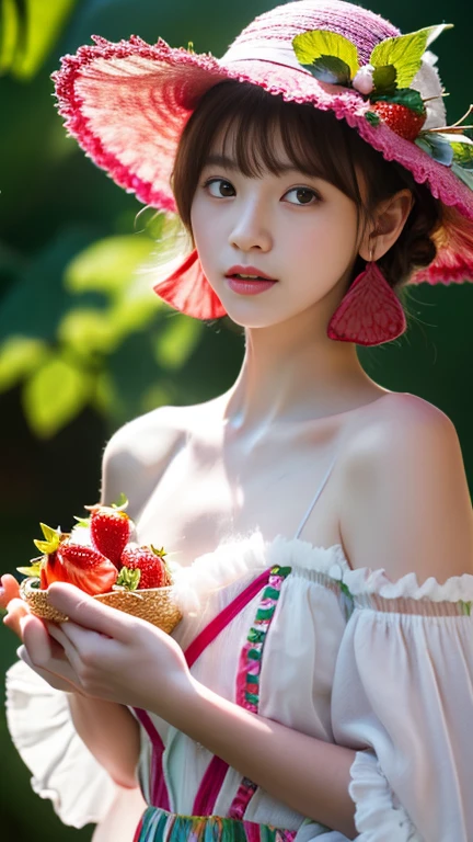 Highest quality, 8k, detailed, High resolution, beautiful, Delicate, Highest quality, Ultra-realistic, High resolution, detailed, Highest detail, The color is not faded, Vivid colors, Strawberry Body　Rabbit head　Ears sticking out from the strawberry hat:2.0,Mysterious creatures,