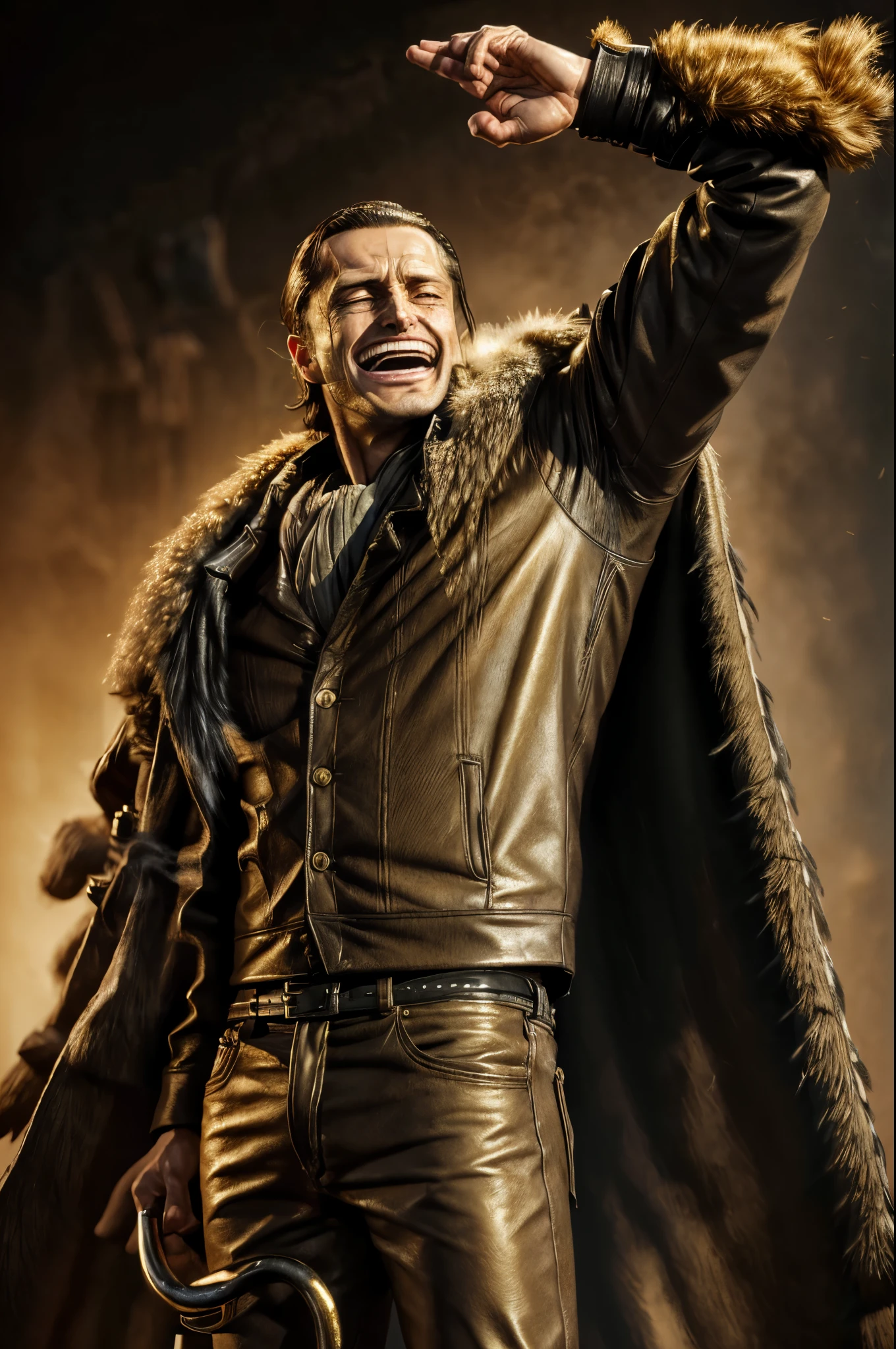 masterpiece, best quality, extremely detailed, hyperrealistic, photorealistic, a cool 40s man, ultra detailed face:1.2, fur-trimmed coat, scarf around the neck, his left hand is a golden pirate hook, raising hands, arms up:1.1, laughing, white background
