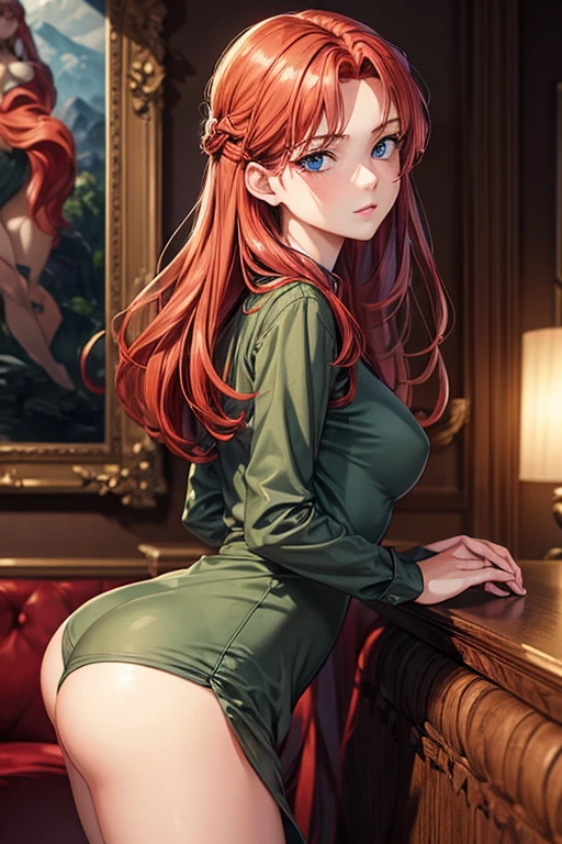 ((best quality)), ((masterpiece)), (detailed), perfect face, young woman, red hair, blue eyes, slim, small breasts, big butt, dressed in vikini, olive green, hotel landscape, style of Evangelion illustration