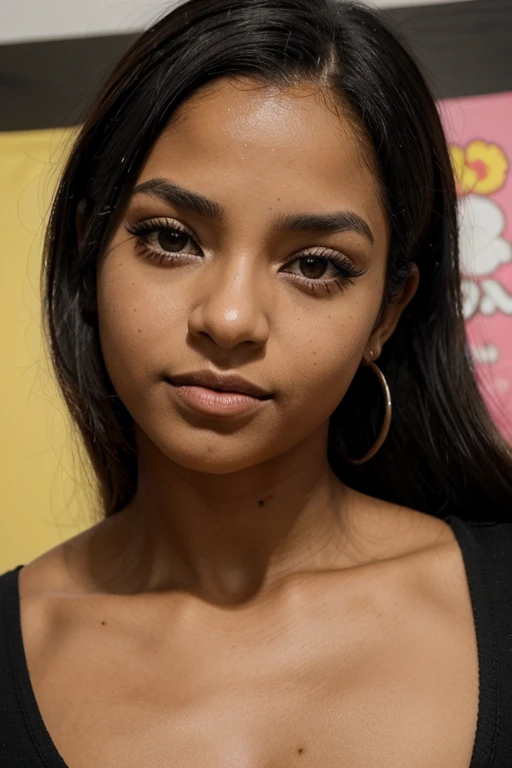 adolescente de piel negra de cabello liso negro y largo, con ojos grandes pero un poco rasgados y de color negros, with short eyelashes, cejas curvas pobladas, con bastantes cachetes, hoyuelos, cara ovalada y redonda, nariz ancha pero respingada, thick lips and small head, sin pecas