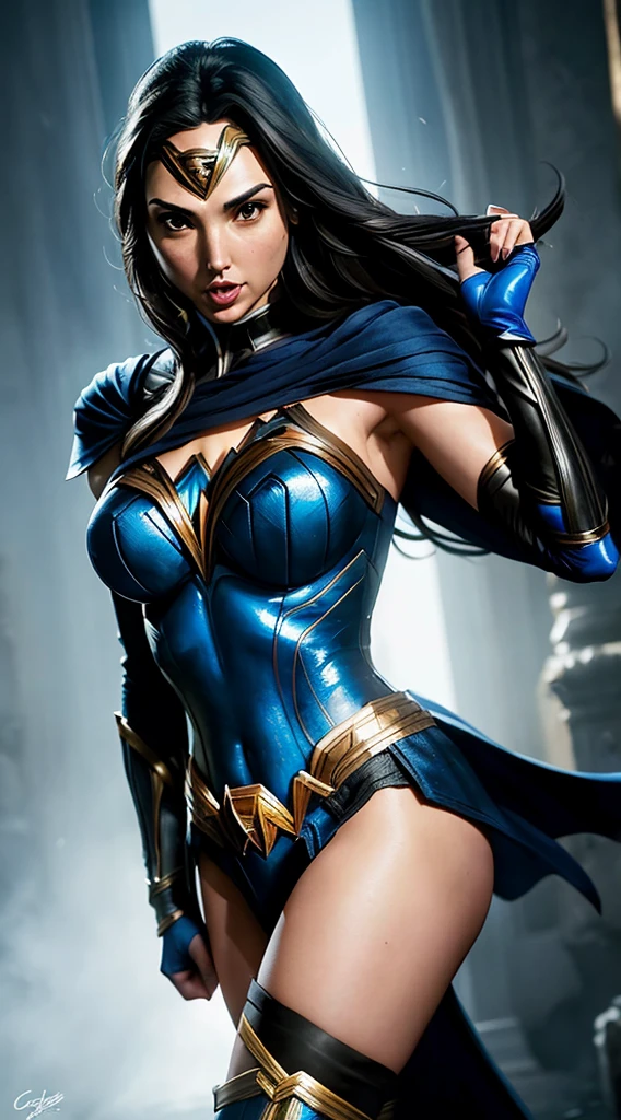 actess ((Gal Gadot)) as Kitana from Mortal Kombat, wields fans, blue-and-black revealing bodysuit, blue stockings, blue ninja mask, high heels, long, flowing hair, intricate, high detail, sharp focus, dramatic, photorealistic painting art by greg rutkowski
