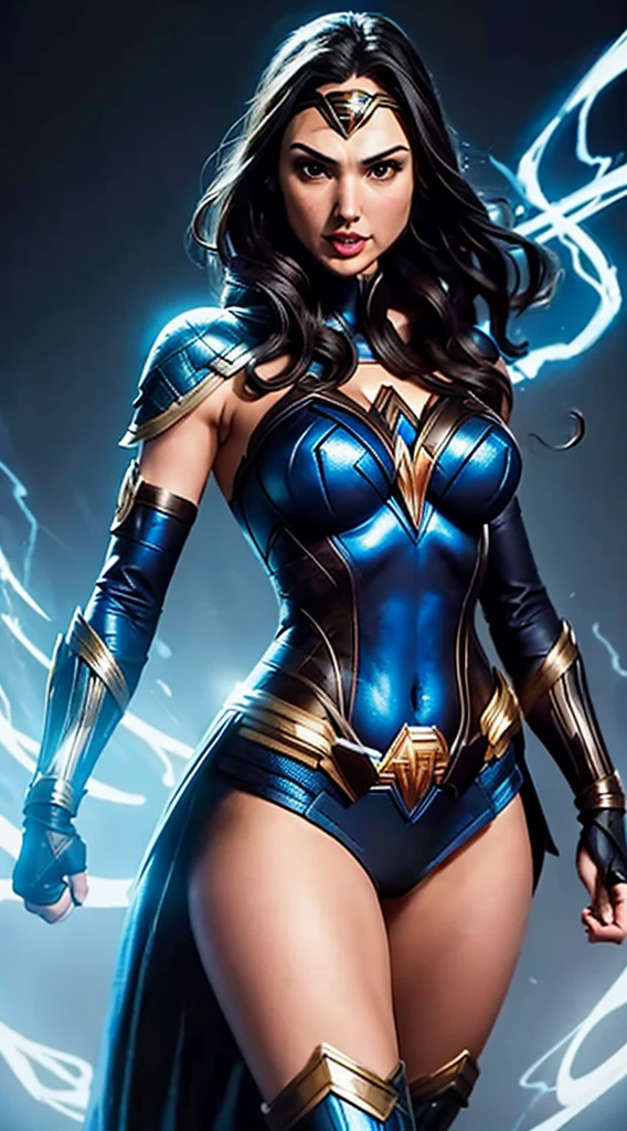 actess ((Gal Gadot)) as Kitana from Mortal Kombat, wields fans, blue-and-black revealing bodysuit, blue stockings, blue ninja mask, high heels, long, flowing hair, intricate, high detail, sharp focus, dramatic, photorealistic painting art by greg rutkowski