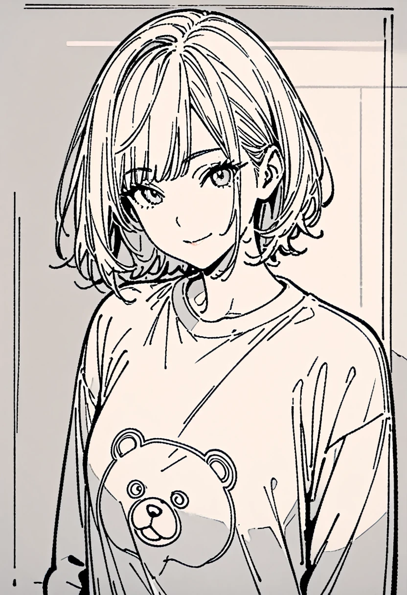 Line drawing，MangaLine drawing，Black and white Line drawing，Black and White，girl，short hair，Qi bangs，Bear pattern sweatshirt，Smile，bust，Clear and smooth lines，8k，masterpiece