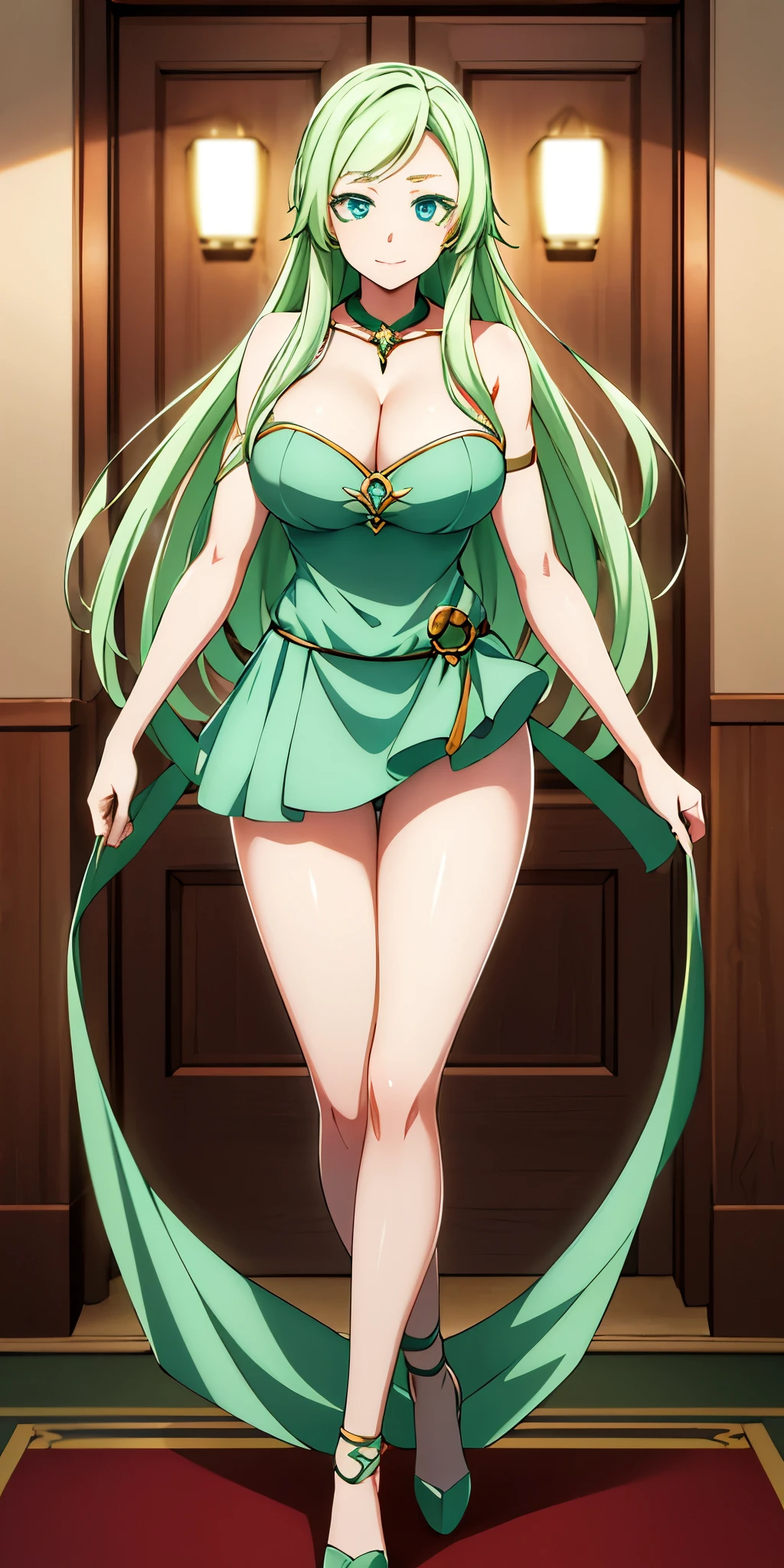 red carpet and a door,bamboo, plant, potted plant,
green and white dress,,green collar,
jewelry, gem,
green hair ,blue eyes,bangs,very long hair, facial mark,glowing,sparkle,
1 girl, 20yo,Young female,Beautiful Finger,Beautiful long legs,Beautiful body,
Beautiful Nose,Beautiful character design, perfect eyes, perfect face,expressive eyes,perfect balance,
looking at viewer,(Focus on her face),closed mouth, (innocent_big_eyes:1.0),(Light_Smile:0.3),
official art,extremely detailed CG unity 8k wallpaper, perfect lighting,Colorful, Bright_Front_face_Lighting,White skin,
(masterpiece:1.0),(best_quality:1.0), ultra high res,4K,ultra-detailed,
photography, 8K, HDR, highres, absurdres:1.2, Kodak portra 400, film grain, blurry background, bokeh:1.2, lens flare, (vibrant_color:1.2),professional photograph,
(Beautiful,large_Breasts:1.0), (beautiful_face:1.5),(narrow_waist),