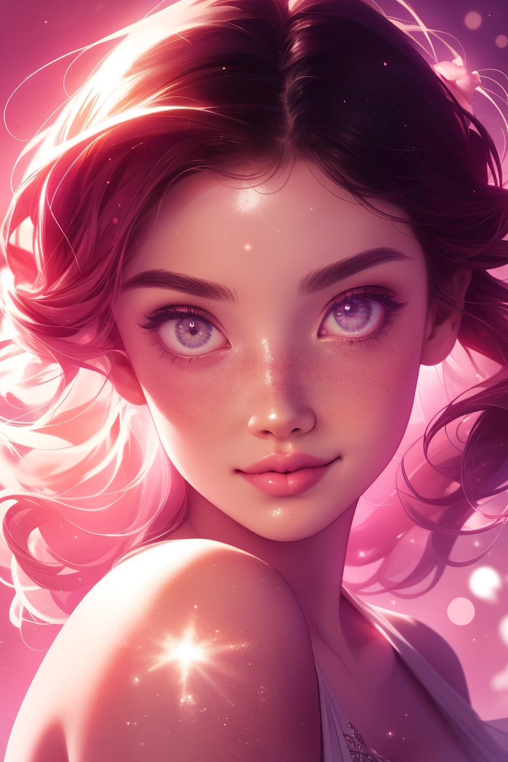 (This is a beautiful, intricate, (romatic) fantasy image that emphasizes beauty and grace.) Generate a blind curvy woman with soft natural freckles. Her face is important and should be (perfectly formed) with (beautiful puffy lips) and (perfect features). There is a cute freckle birthmark on her lip. The image exudes ethereal beauty and soft fantasy, with shimmering shades of pink throughout. Surround her with eternal roses in shimmering shades. Ensure perfection in her face, hair, and eyes. Include sweet and detailed birds and soft, luminous flowers and detailed roses. Utilize dynamic composition and dramatic lighting and cinematic lighting to create an interesting fantasy image. The background of the image is interesting and ultra-detailed, with soft fantasy lighting and gradients. Include fantasy details, cute aura, colorful, colourful, and interesting magical background. The image's background is decorated in shades of pink, shimmer, glitter, and fantasy details like colored bubbles and cosmos. Include subtle freckles, natural freckles and a diffused realistic skin tone. Incorporate elements of high fantasy, whimsy, and detailed elegance. English rose, princess, courtesan, noblewoman, sweet, lovely, calm, lovely, shimmering, glimmering, glittering, astrological fantasy, (((masterpiece))), (highest quality), magic rose, fantasy garden, beautiful face, perfect face, puffy lips, interesting, shy smile, fantasy elements, magic rose, beautiful eyes, perfect puffy lips, jewel tones, luminosity. Taken with a canon camera.