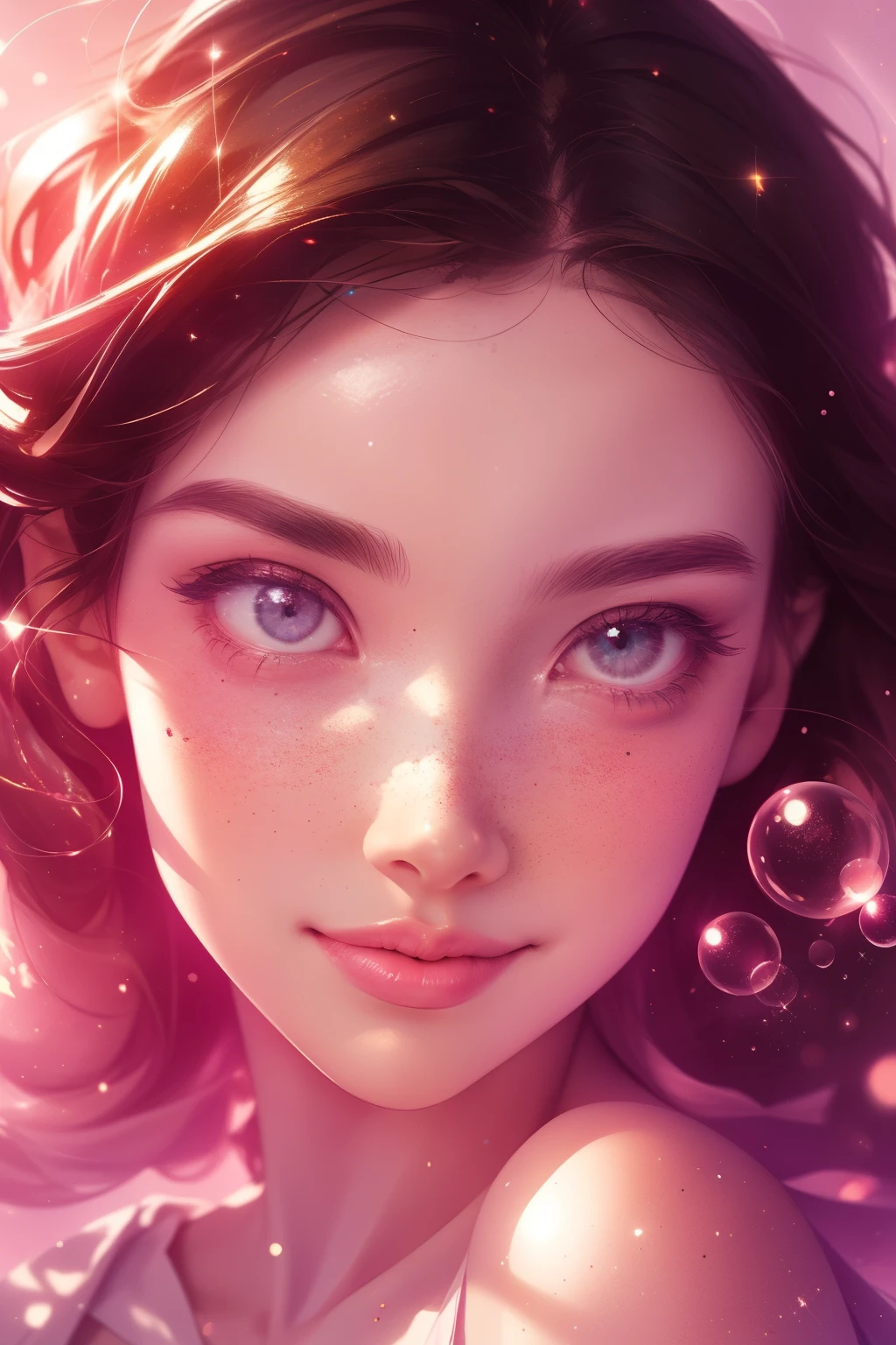 (This is a beautiful, intricate, (romatic) fantasy image that emphasizes beauty and grace.) Generate a blind curvy woman with soft natural freckles. Her face is important and should be (perfectly formed) with (beautiful puffy lips) and (perfect features). There is a cute freckle birthmark on her lip. The image exudes ethereal beauty and soft fantasy, with shimmering shades of pink throughout. Surround her with eternal roses in shimmering shades. Ensure perfection in her face, hair, and eyes. Include sweet and detailed birds and soft, luminous flowers and detailed roses. Utilize dynamic composition and dramatic lighting and cinematic lighting to create an interesting fantasy image. The background of the image is interesting and ultra-detailed, with soft fantasy lighting and gradients. Include fantasy details, cute aura, colorful, colourful, and interesting magical background. The image's background is decorated in shades of pink, shimmer, glitter, and fantasy details like colored bubbles and cosmos. Include subtle freckles, natural freckles and a diffused realistic skin tone. Incorporate elements of high fantasy, whimsy, and detailed elegance. English rose, princess, courtesan, noblewoman, sweet, lovely, calm, lovely, shimmering, glimmering, glittering, astrological fantasy, (((masterpiece))), (highest quality), magic rose, fantasy garden, beautiful face, perfect face, puffy lips, interesting, shy smile, fantasy elements, magic rose, beautiful eyes, perfect puffy lips, jewel tones, luminosity. Taken with a canon camera.