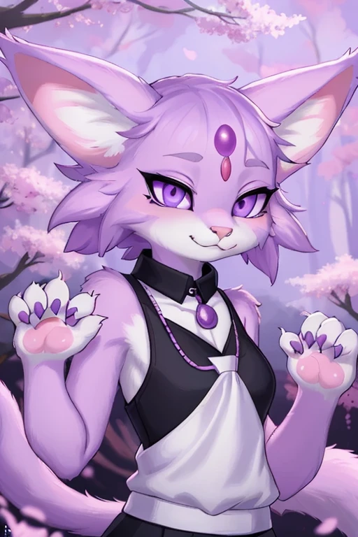 a drawing of a cat with a white cinese shirt,wearing golden necklace , very very beautiful furry art, portrait of umbreon, anthro art, female furry mini cute style, fursona furry art commission, furry fantasy art, fursona art, furry art, fox nobushi, furry art!!!, kitsune, night background, kizune cat hybrid, furry character portrait, ahri, pawpads, black fur, slim, shoulder less shirt, beautiful hands,4 fingers hands,better contours,by f-r95:1.3,hioshiru art style,cartoon hands,black short claws,vivid purple eyes, anthro umbreon, anime purple hair 