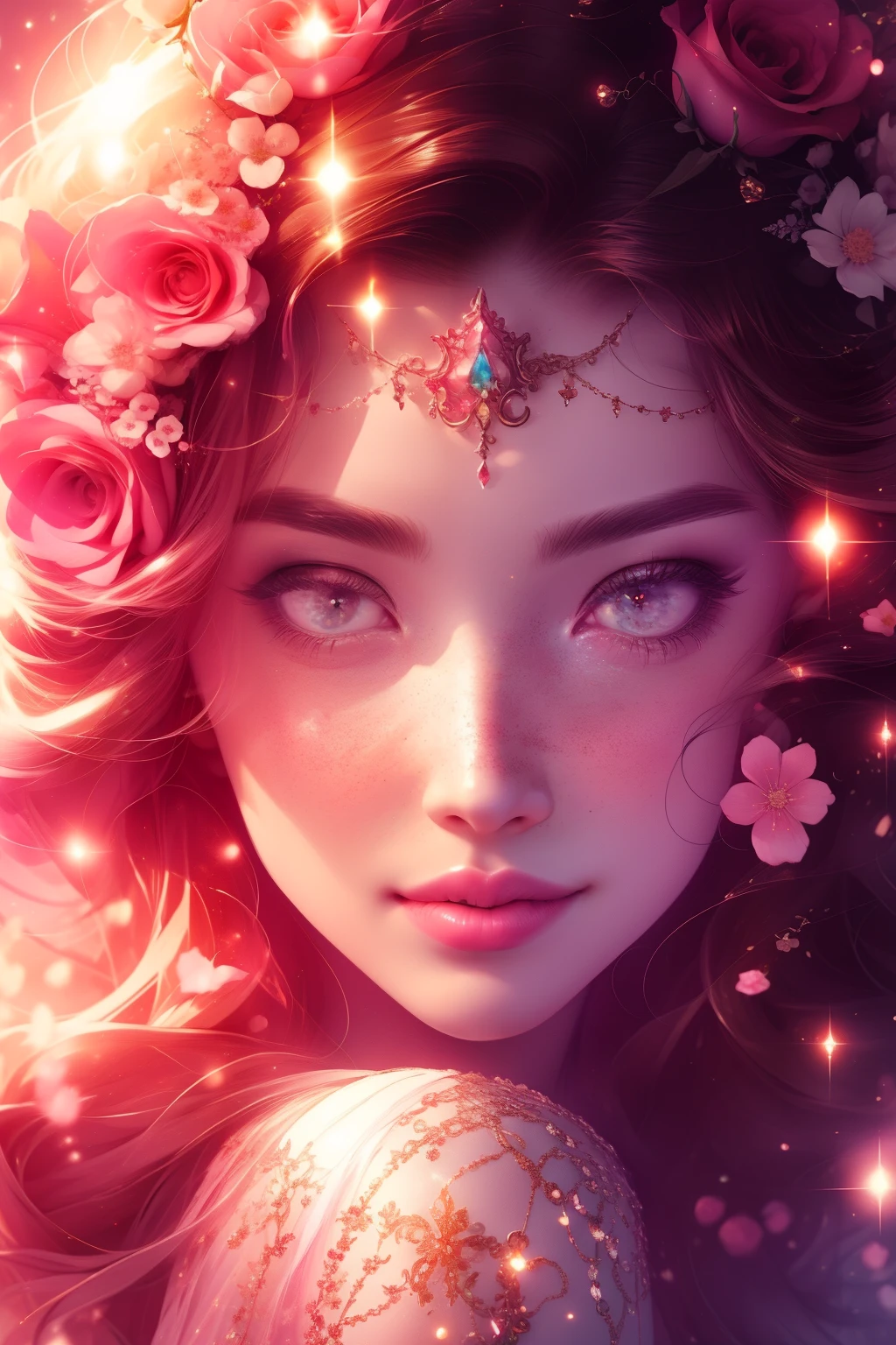 (This is a beautiful, intricate, (romatic) fantasy image that emphasizes beauty and grace.) Generate a blind curvy woman with soft natural freckles. Her face is important and should be (perfectly formed) with (beautiful puffy lips) and (perfect features). There is a cute freckle birthmark on her lip. The image exudes ethereal beauty and soft fantasy, with shimmering shades of pink throughout. Surround her with eternal roses in shimmering shades. Ensure perfection in her face, hair, and eyes. Include sweet and detailed birds and soft, luminous flowers and detailed roses. Utilize dynamic composition and dramatic lighting and cinematic lighting to create an interesting fantasy image. The background of the image is interesting and ultra-detailed, with soft fantasy lighting and gradients. Include fantasy details, cute aura, colorful, colourful, and interesting magical background. The image's background is decorated in shades of pink, shimmer, glitter, and fantasy details like colored bubbles and cosmos. Include subtle freckles, natural freckles and a diffused realistic skin tone. Incorporate elements of high fantasy, whimsy, and detailed elegance. English rose, princess, courtesan, noblewoman, sweet, lovely, calm, lovely, shimmering, glimmering, glittering, astrological fantasy, (((masterpiece))), (highest quality), magic rose, fantasy garden, beautiful face, perfect face, puffy lips, interesting, shy smile, fantasy elements, magic rose, beautiful eyes, perfect puffy lips, jewel tones, luminosity. Taken with a canon camera.