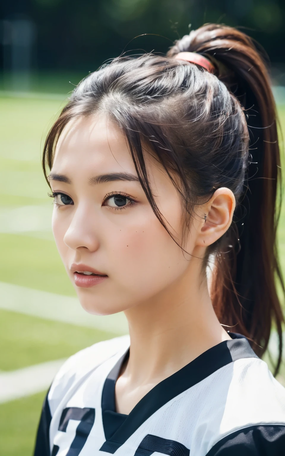 Hasselblad Camera, Original photo, (Genuine: 1.3), Twisted (Beautiful and gorgeous: 1.4), ponytail, (detailed: 1.2), 8K Ultra HD, (football: 1.4), Beautiful Japanese Woman, logic