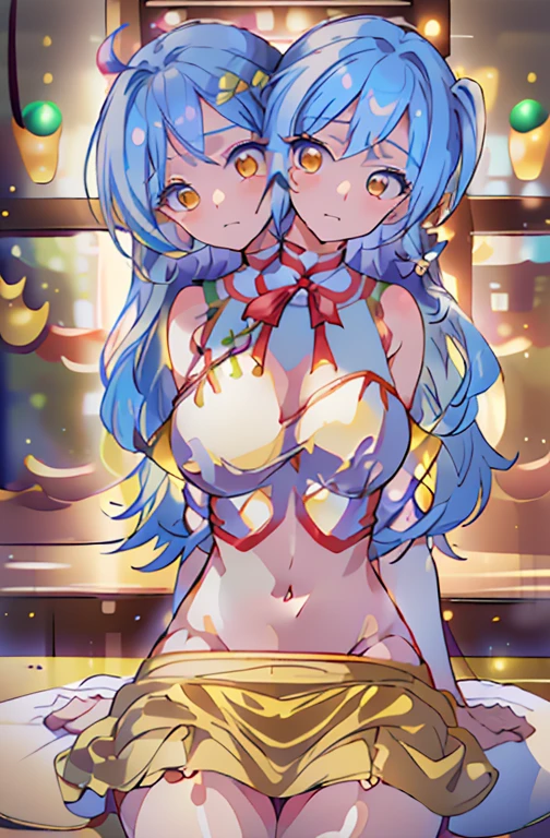 (masterpiece, best quality),best quality, (ultra-detailed), (3heads:1.5), 1girl, (label girl (dipp):1.3), masterpiece, ultra quality, ultra resolution, ultra detail, white top, crop top, ((stomach)), midriff, ((groin)), red skirt, normal ears, shackles, blue hair, very long hair, wavy hair, sidelocks, yellow eyes, detailed eyes, parted lips, open belly, sweat, cute, toned belly, hand on own chest, eyelashes, (22 year old woman:1.3), (masterpiece:1.5), (best quality:1.5), (beautiful detailed extremely detailed CG, extremely delicate and beautiful, depth of field, (finely detailed face), (perfect details:1.2), (mature female:1.3), wide pelvis, slender, large veiny breast, 16k resolution, highres, high quality, high definition, extremely detailed, masterpiece, best quality, blue hair, long hair, alluring presence, braid, short skirt, close up, big tits, young, star hair ornament, yellow ribbon, side ponytail, cabbie hat, hair ornament,