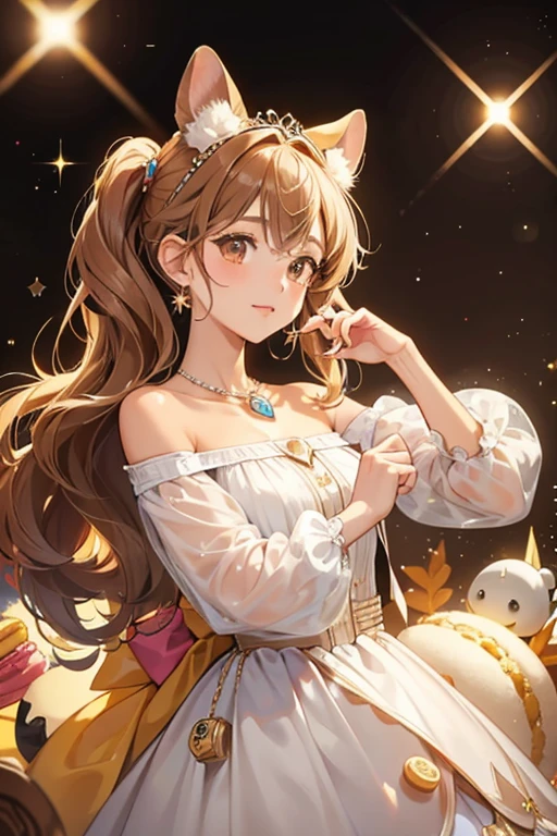 SHE is a tan Roborovski GIRL hamster with caramel brown macaron ears and body. SHe has brown eyes and cream hair and wears a blue pearl necklace with a brown club-shaped jewel attached around hER neck. SPARKLE; GLITTER