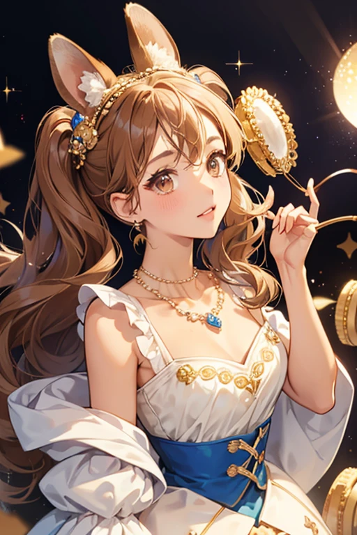 SHE is a tan Roborovski GIRL hamster with caramel brown macaron ears and body. SHe has brown eyes and cream hair and wears a blue pearl necklace with a brown club-shaped jewel attached around hER neck. SPARKLE; GLITTER