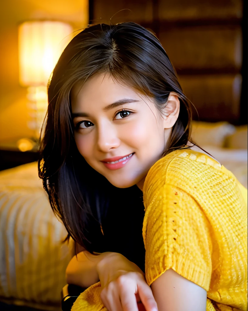 highest quality、Face Focus、Soft Light、(Depth of written boundary)、超A high resolution、(Photorealistic:1.4)、Raw photo、(Moody lighting、night:1.2)、Bedroom、
(Portrait:1.4)
21 歳のcute日本人の女の子, solo, cute, cute, (Shy, Laughter:1.1), (Brown eyes), Natural Face, (Midi Hair),、Very small breasts
(Sit on a chair)
Yellow cotton sweater