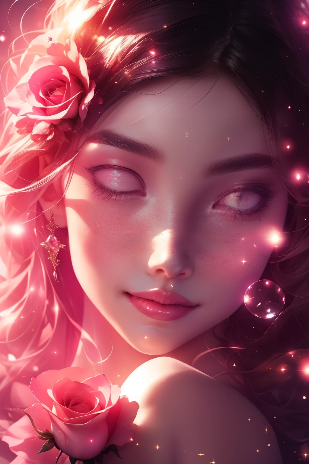 (This is a beautiful, intricate, (romatic) fantasy image that emphasizes beauty and grace.) Generate a blind curvy woman with soft natural freckles. Her face is important and should be (perfectly formed) with (beautiful puffy lips) and (perfect features). There is a cute freckle birthmark on her lip. The image exudes ethereal beauty and soft fantasy, with shimmering shades of pink throughout. Surround her with eternal roses in shimmering shades. Ensure perfection in her face, hair, and eyes. Include sweet and detailed birds and soft, luminous flowers and detailed roses. Utilize dynamic composition and dramatic lighting and cinematic lighting to create an interesting fantasy image. The background of the image is interesting and ultra-detailed, with soft fantasy lighting and gradients. Include fantasy details, cute aura, colorful, colourful, and interesting magical background. The image's background is decorated in shades of pink, shimmer, glitter, and fantasy details like colored bubbles and cosmos. Include subtle freckles, natural freckles and a diffused realistic skin tone. Incorporate elements of high fantasy, whimsy, and detailed elegance. English rose, princess, courtesan, noblewoman, sweet, lovely, calm, lovely, shimmering, glimmering, glittering, astrological fantasy, (((masterpiece))), (highest quality), magic rose, fantasy garden, beautiful face, perfect face, puffy lips, interesting, shy smile, fantasy elements, magic rose, beautiful eyes, perfect puffy lips, jewel tones, luminosity. Taken with a canon camera.