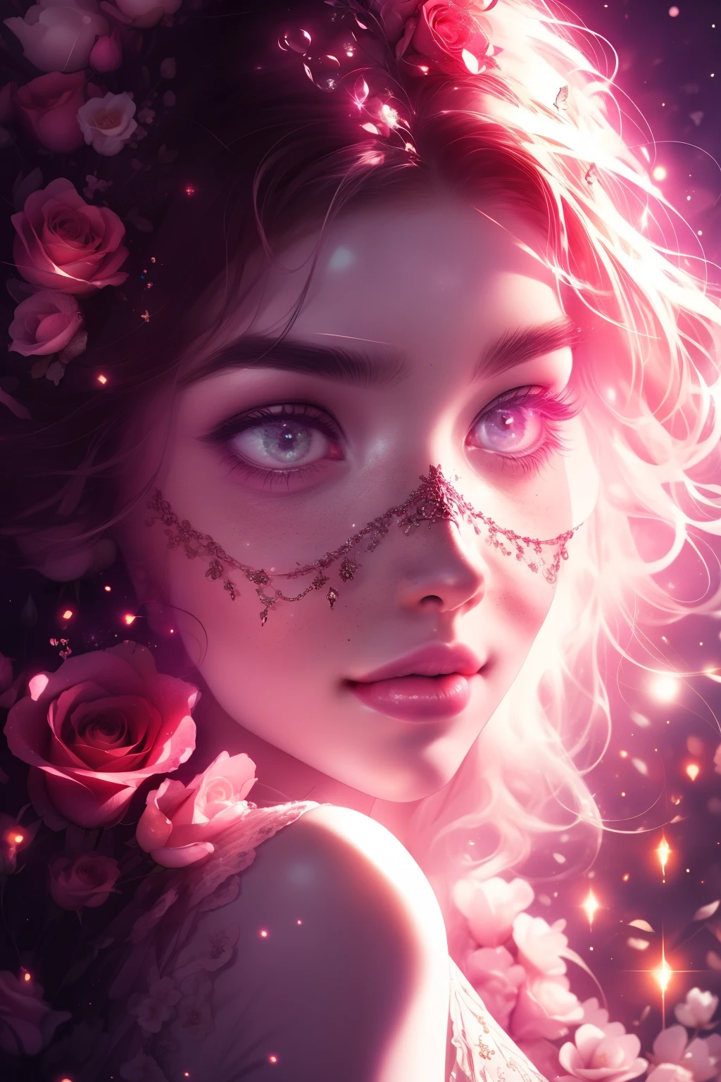 (This is a beautiful, intricate, (romatic) fantasy image that emphasizes beauty and grace.) Generate a blind curvy woman with soft natural freckles. Her face is important and should be (perfectly formed) with (beautiful puffy lips) and (perfect features). There is a cute freckle birthmark on her lip. The image exudes ethereal beauty and soft fantasy, with shimmering shades of pink throughout. Surround her with eternal roses in shimmering shades. Ensure perfection in her face, hair, and eyes. Include sweet and detailed birds and soft, luminous flowers and detailed roses. Utilize dynamic composition and dramatic lighting and cinematic lighting to create an interesting fantasy image. The background of the image is interesting and ultra-detailed, with soft fantasy lighting and gradients. Include fantasy details, cute aura, colorful, colourful, and interesting magical background. The image's background is decorated in shades of pink, shimmer, glitter, and fantasy details like colored bubbles and cosmos. Include subtle freckles, natural freckles and a diffused realistic skin tone. Incorporate elements of high fantasy, whimsy, and detailed elegance. English rose, princess, courtesan, noblewoman, sweet, lovely, calm, lovely, shimmering, glimmering, glittering, astrological fantasy, (((masterpiece))), (highest quality), magic rose, fantasy garden, beautiful face, perfect face, puffy lips, interesting, shy smile, fantasy elements, magic rose, beautiful eyes, perfect puffy lips, jewel tones, luminosity. Taken with a canon camera.