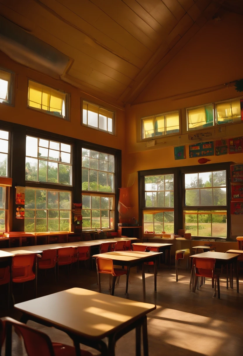 Make a classroom full of happy children and have a great ventilation system with windows, ventiladores e arvores