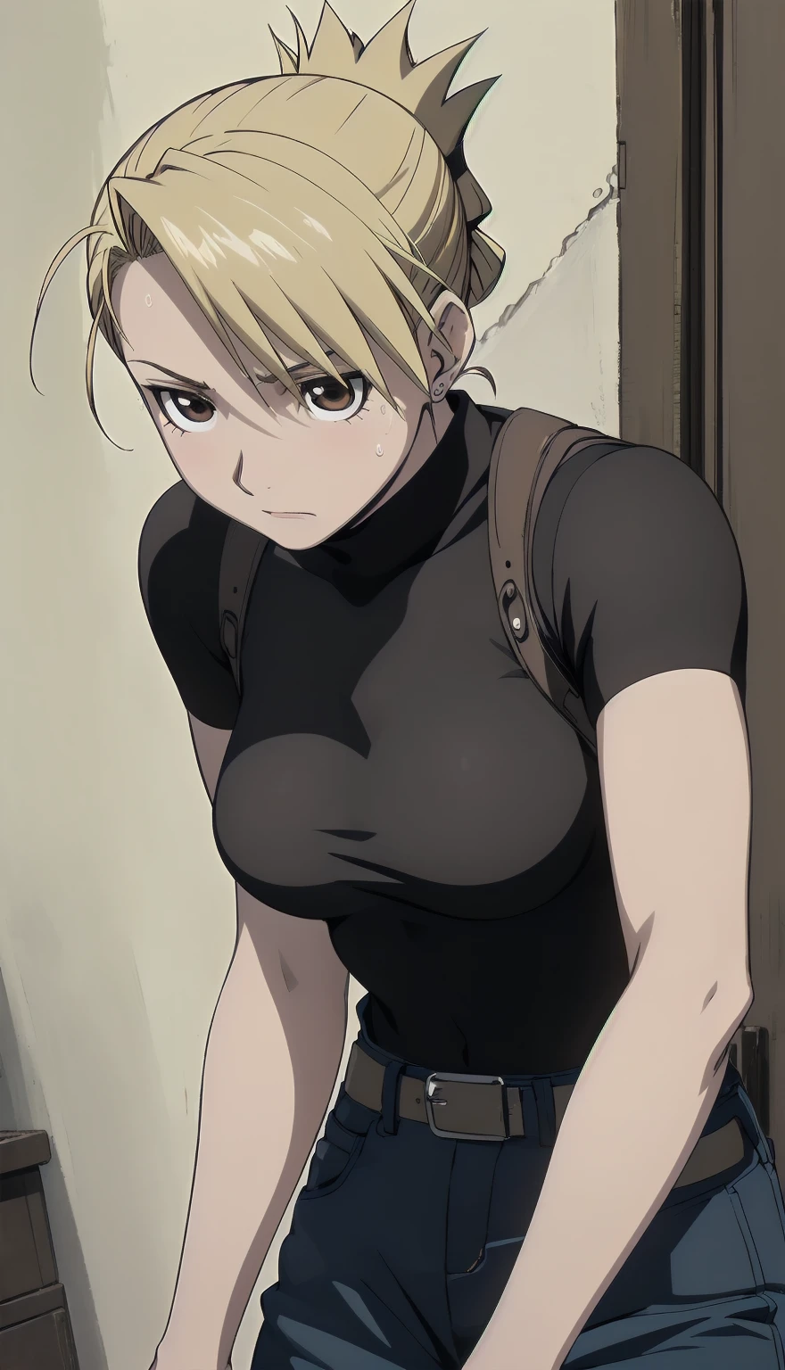 masterpiece, highest quality, High resolution, One Girl, Hamriz, ponytail, Brown eyes,big , Black Shirt, Tight shirt, holster, Short sleeve, belt, Covered navel, Blue pants,indoor、Upper body close-up、Muscular body、blush、Sweat、Composition from the front、anime、(((Facing forward)))
