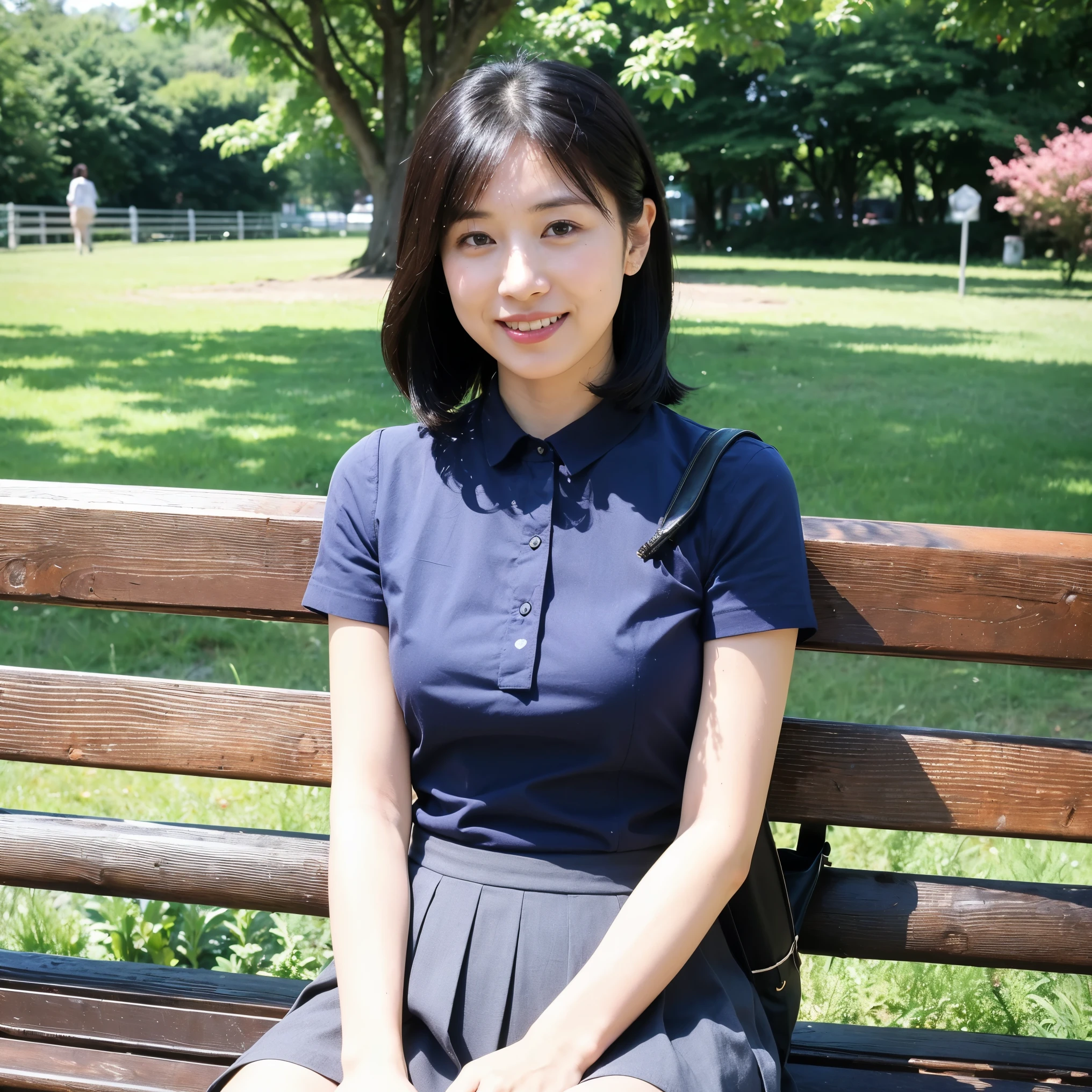 ((highest quality、8k、masterpiece:1.3))、Realistic, Sharp focus, High resolution, High resolution, Portraiture, alone, Japanese women, Beautiful woman, Short sleeve blouse、Casual skirt、33 years old, semi-long、sitting on a park bench、Look at this、smile、all、tote bag