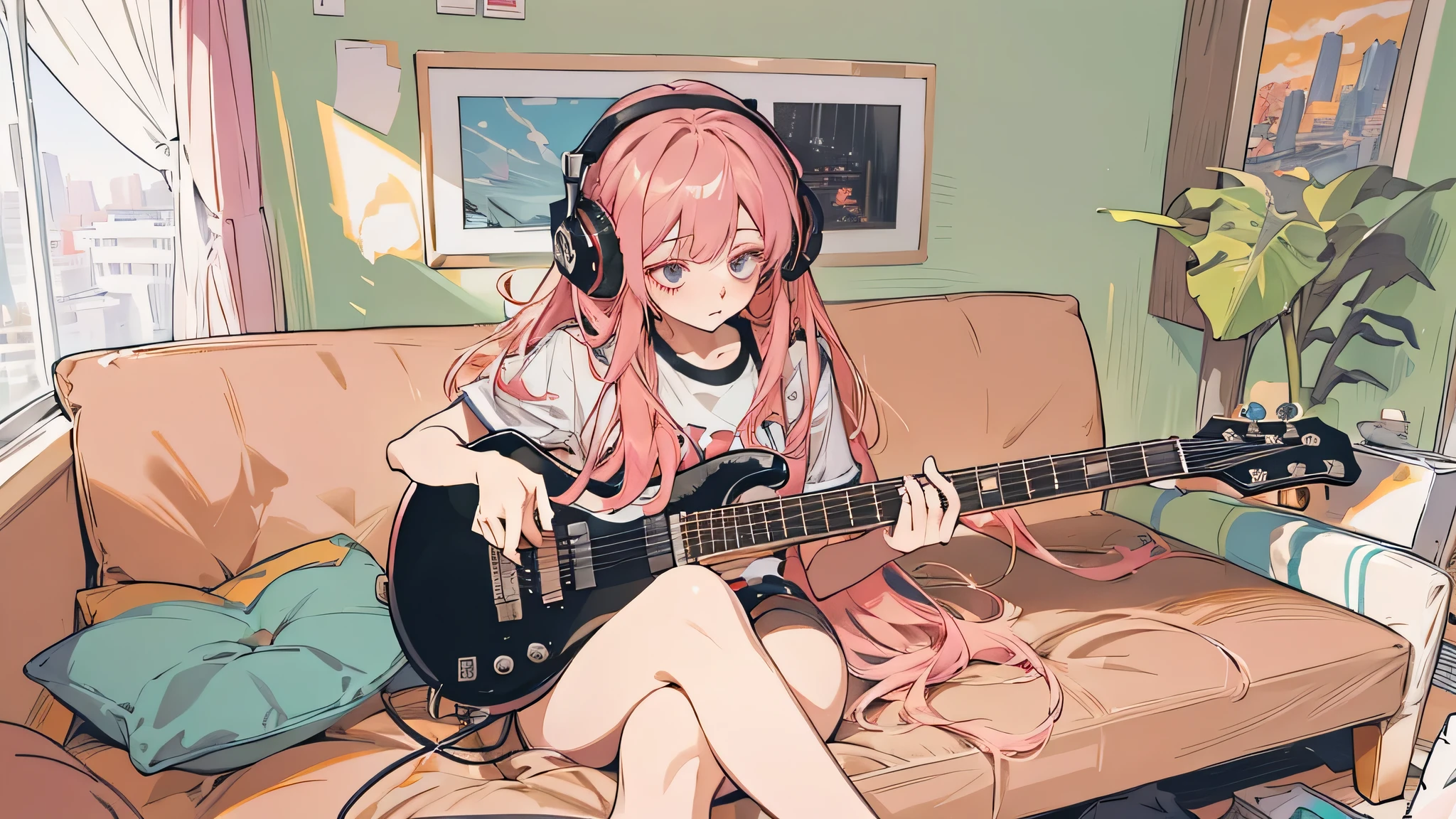 high resolution、One Girl、Wearing headphones、Logo T-shirt and hot pants、Inside a minimalist room、Fabric sofa、Fender Guitars、Vibrant colors、Vivid Color、Warm shades、Full body images、Pink long hair、